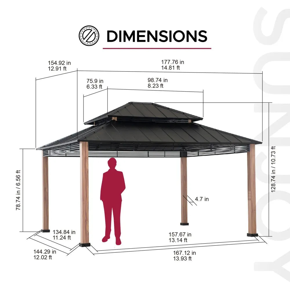 SUNJOY Outdoor Patio 13x15 Black 2-Tier Steel Backyard Hardtop Gazebo with Metal Ceiling Hook 