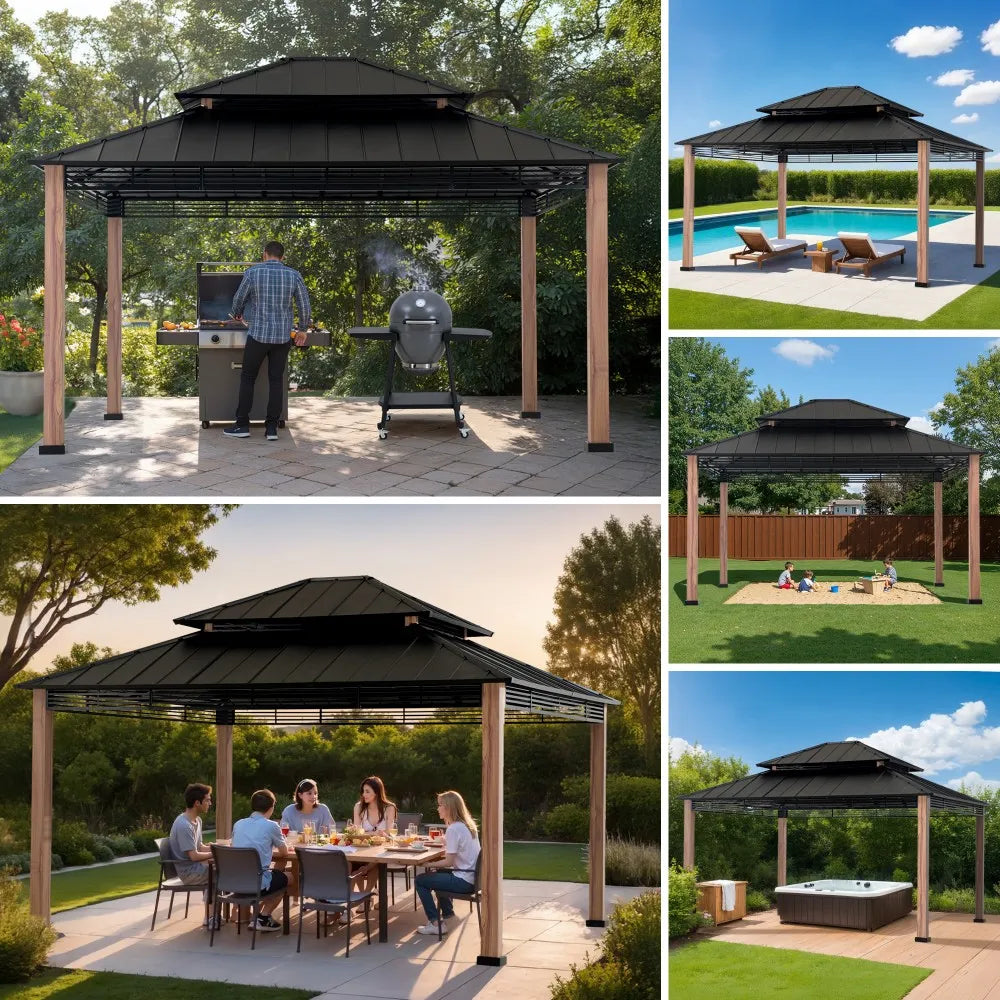 SUNJOY Outdoor Patio 13x15 Black 2-Tier Steel Backyard Hardtop Gazebo with Metal Ceiling Hook 