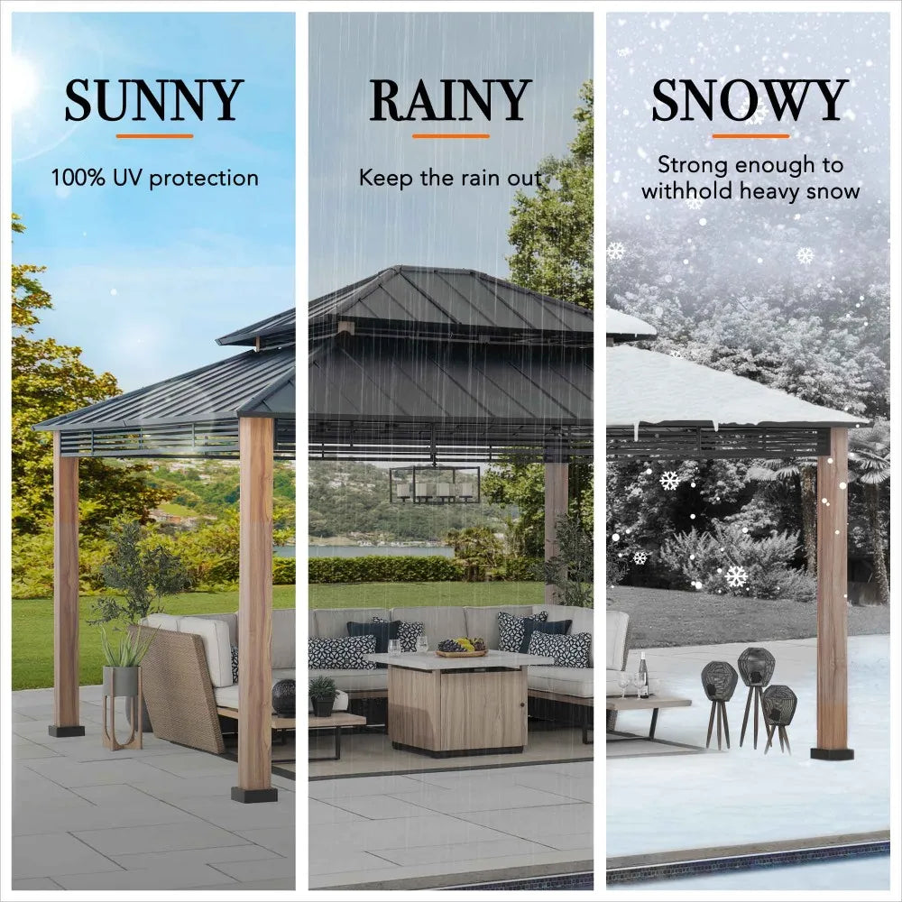 SUNJOY Outdoor Patio 13x15 Black 2-Tier Steel Backyard Hardtop Gazebo with Metal Ceiling Hook 