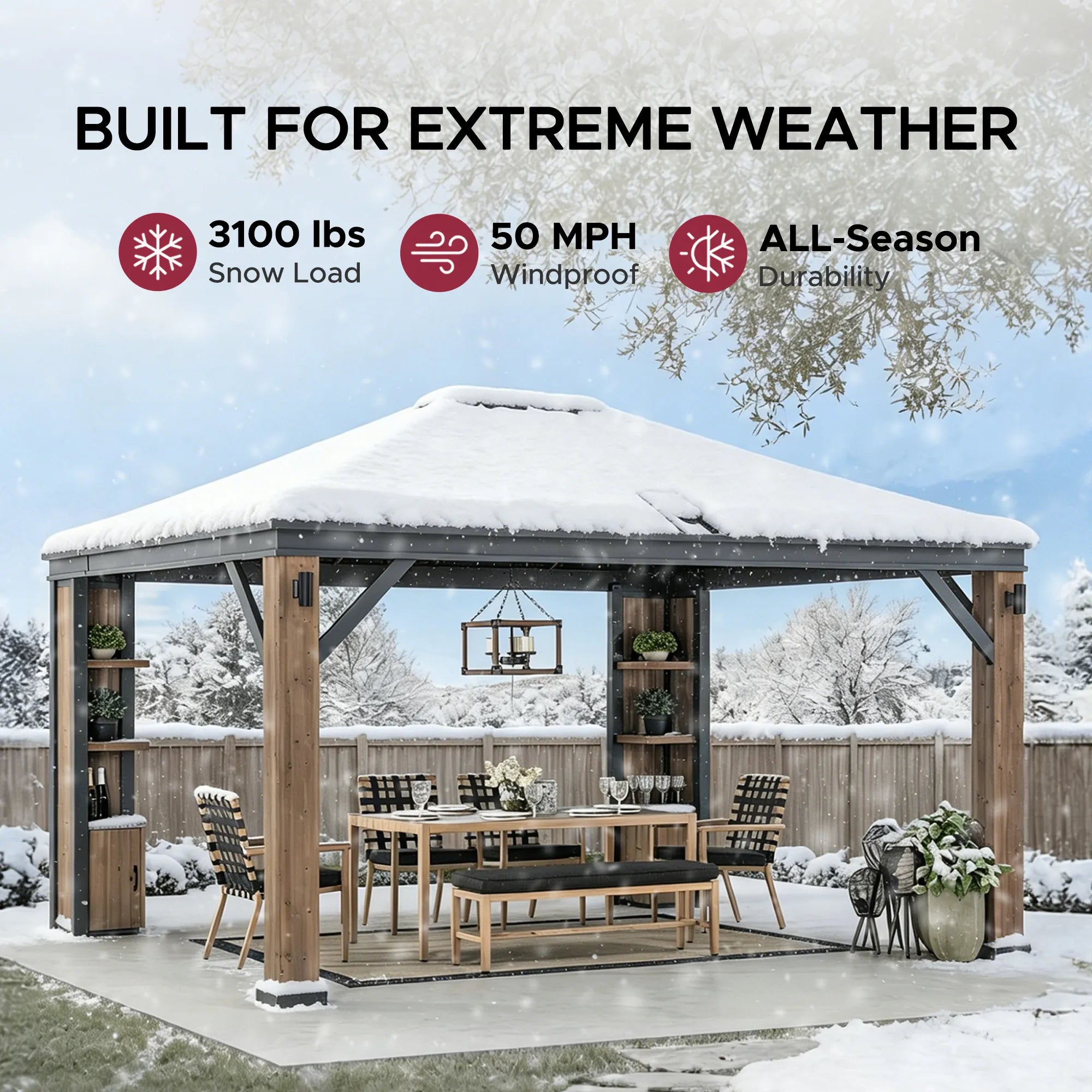 SUNJOY Outdoor Patio 12x14 Solar Powered Cedar Wood Framed Steel Hardtop Gazebo with LED Lights and Bluetooth Sound