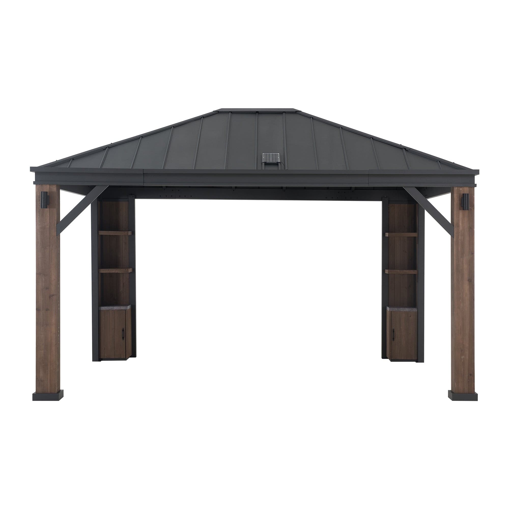 SUNJOY Outdoor Patio 12' x 14' Solar Powered Backyard Hardtop Wooden Gazebo with LED Light and Bluetooth Sound 
