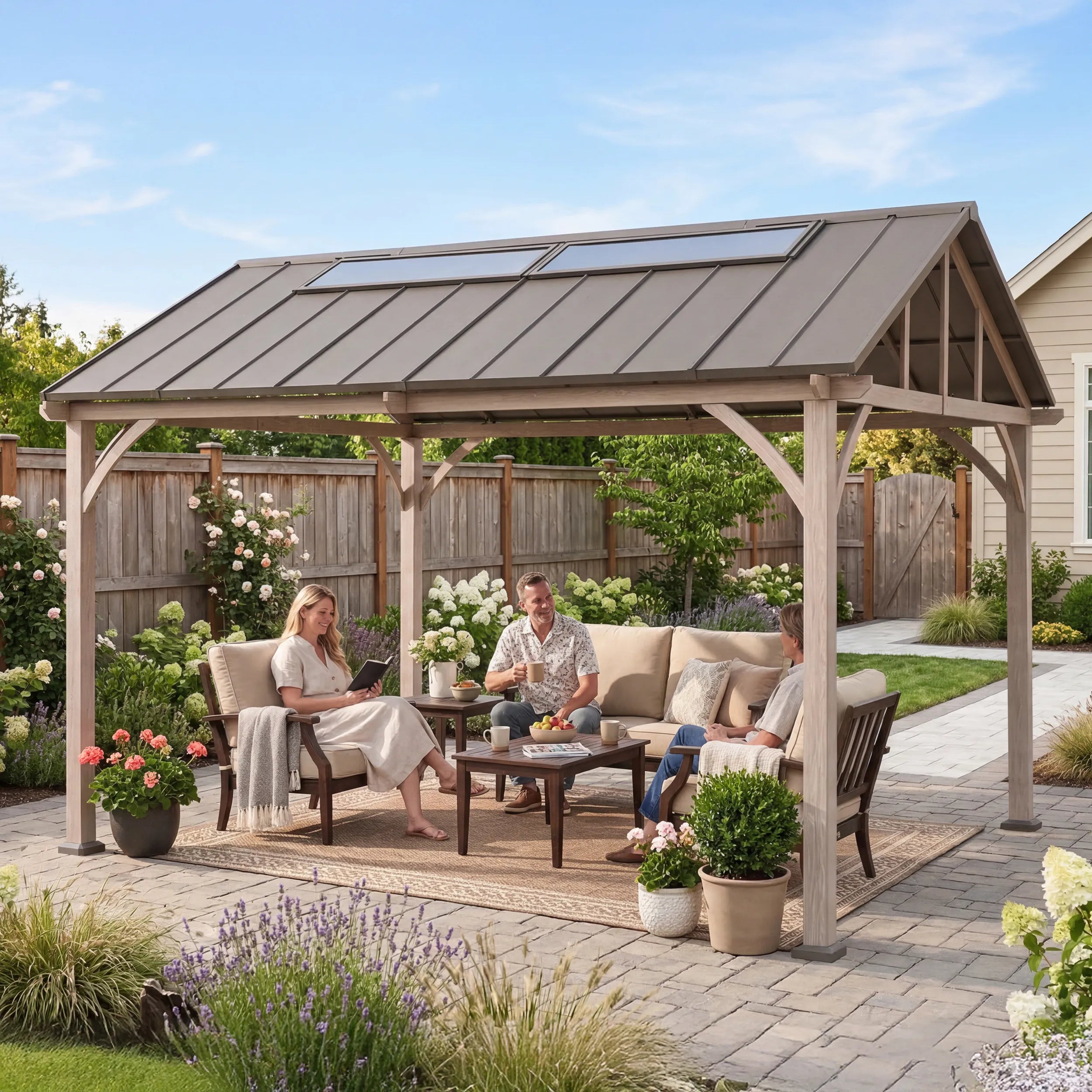 SUNJOY 11x13 Wood Finish Hardtop Gazebo with Galvanized Steel Roof and PC Boards