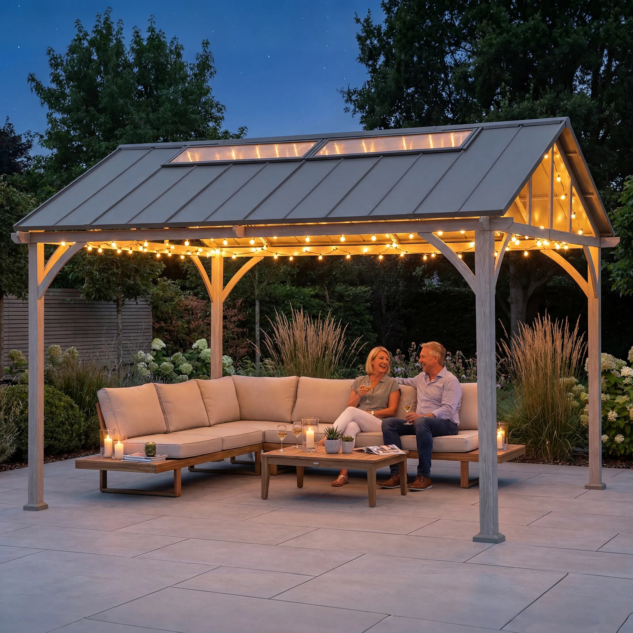 SUNJOY 11x13 Wood Finish Hardtop Gazebo with Galvanized Steel Roof and PC Boards
