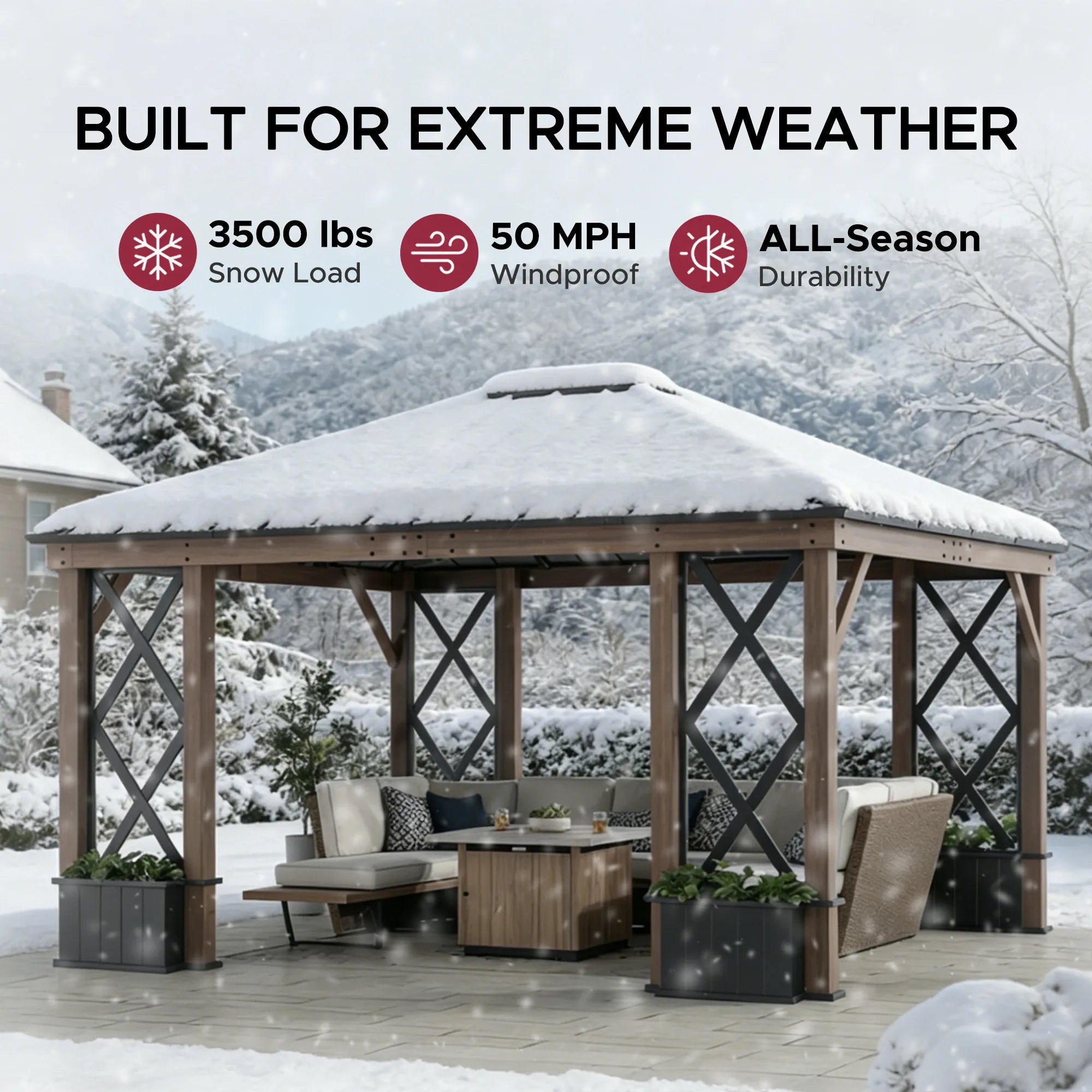 SUNJOY 13x15 Hardtop Gazebo Outdoor Black Steel Roof Gazebo Backyard Aluminum Framed Gazebo with Planters and Ceiling Hook