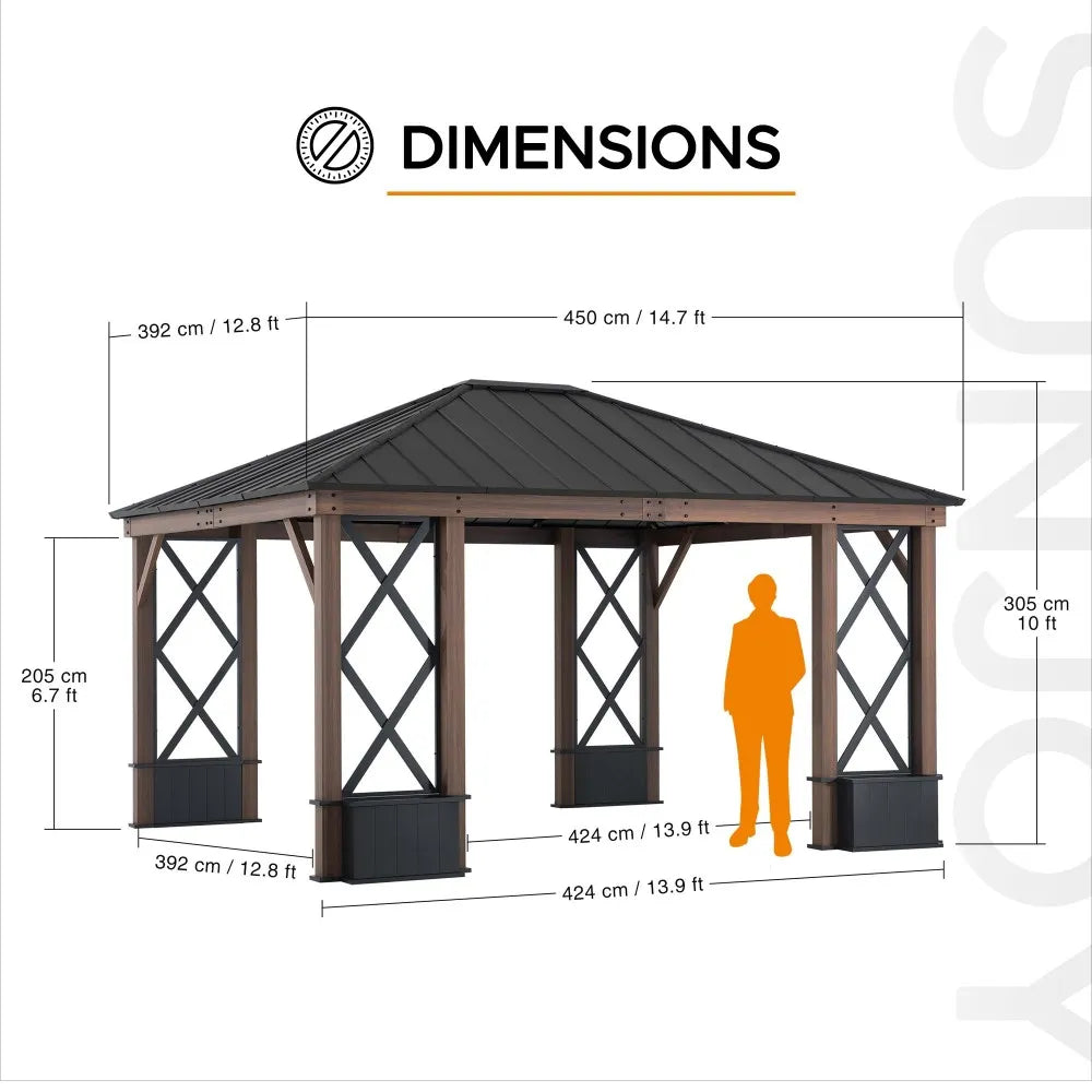 SUNJOY 13x15 Hardtop Gazebo Outdoor Black Steel Roof Gazebo Backyard Aluminum Framed Gazebo with Planters and Ceiling Hook 
