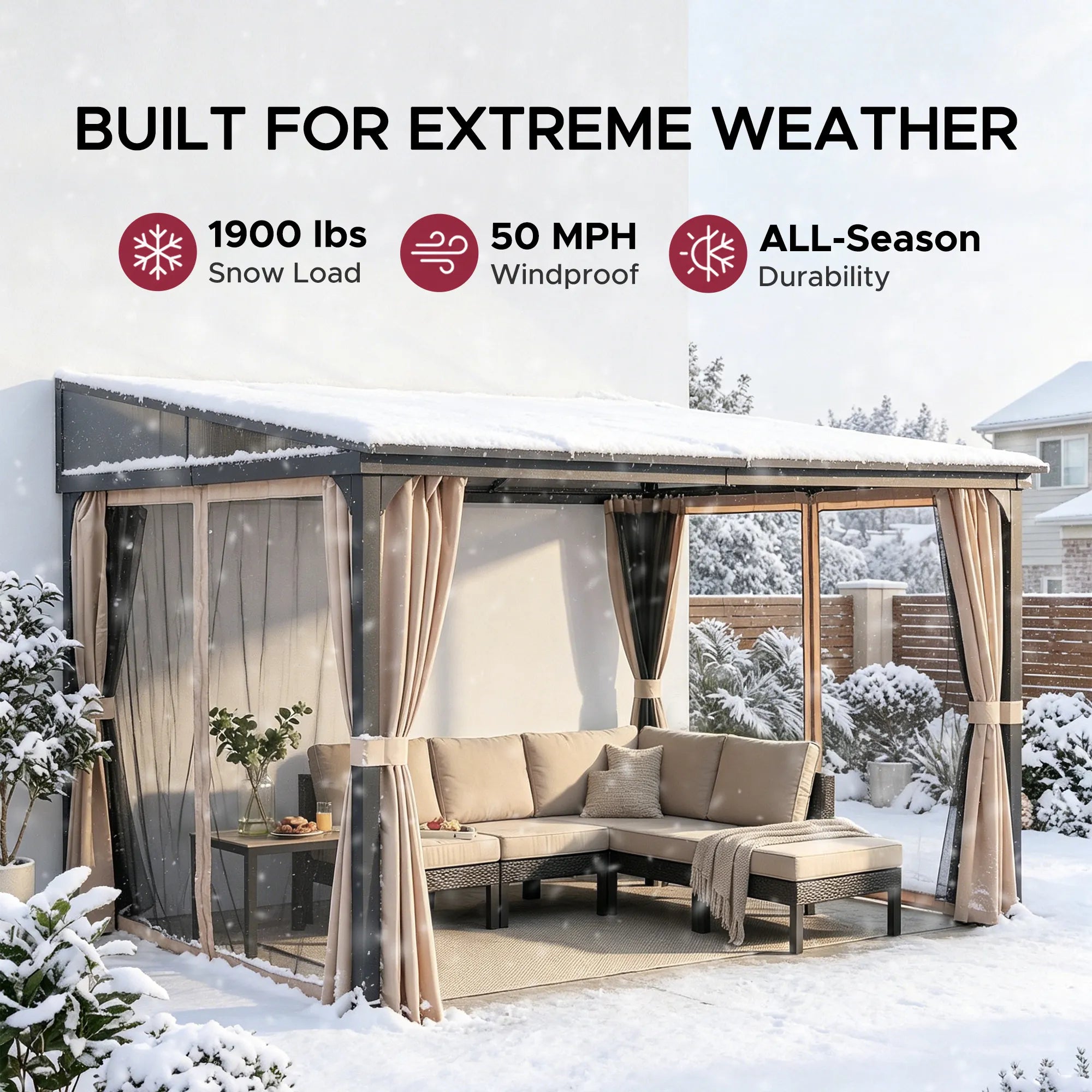 SUNJOY 10x12 Polycarbonate Roof Lean to Gazebo, Wall Mounted Gazebo with Curtains and Netting