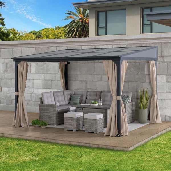 SUNJOY Merriam Wall Mounted Gazebo, Black Aluminum & Metal Frame Lean to Gazebo with Curtains and Netting