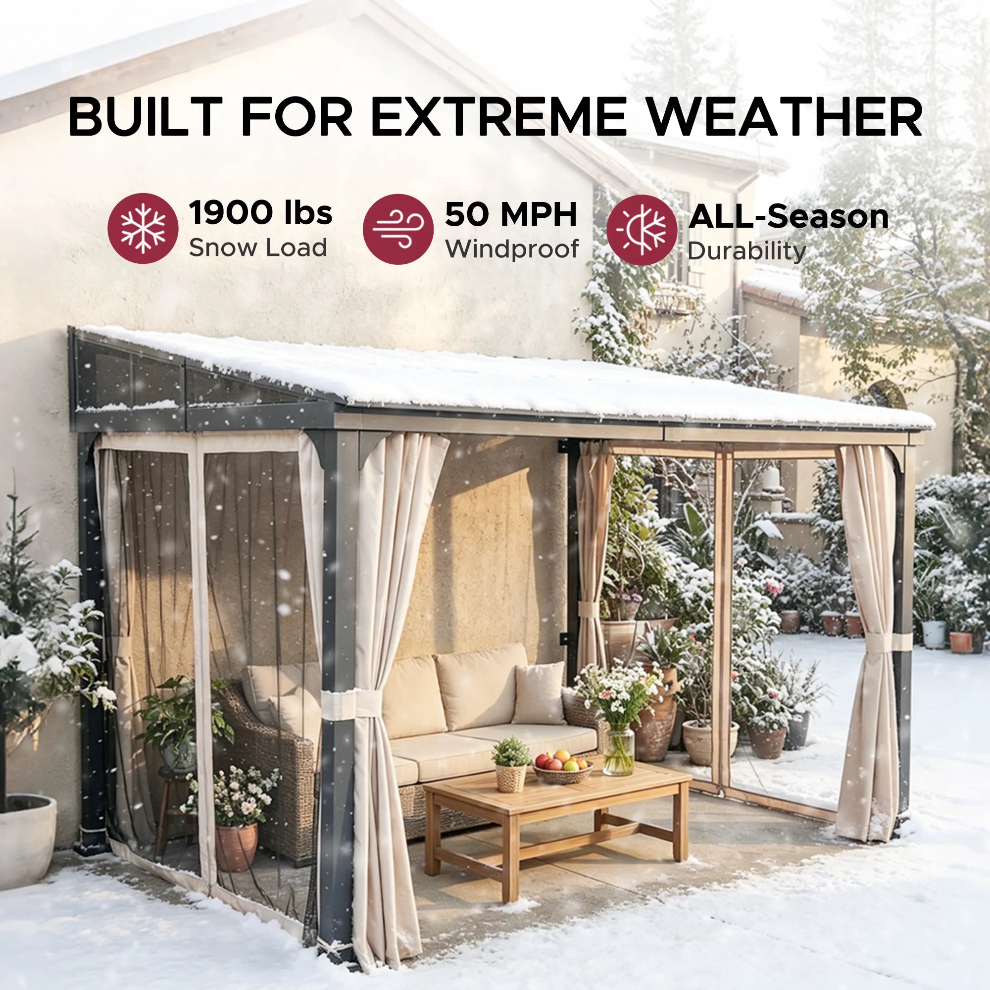 SUNJOY 10x12 Metal Roof Lean to Gazebo, Wall Mounted Gazebo with Curtains and Netting