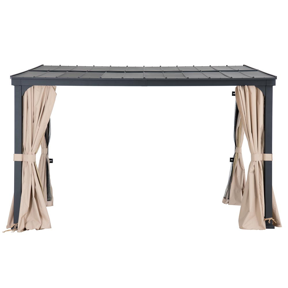 SUNJOY Merriam Wall Mounted Gazebo, Black Aluminum & Metal Frame Lean to Gazebo with Curtains and Netting 