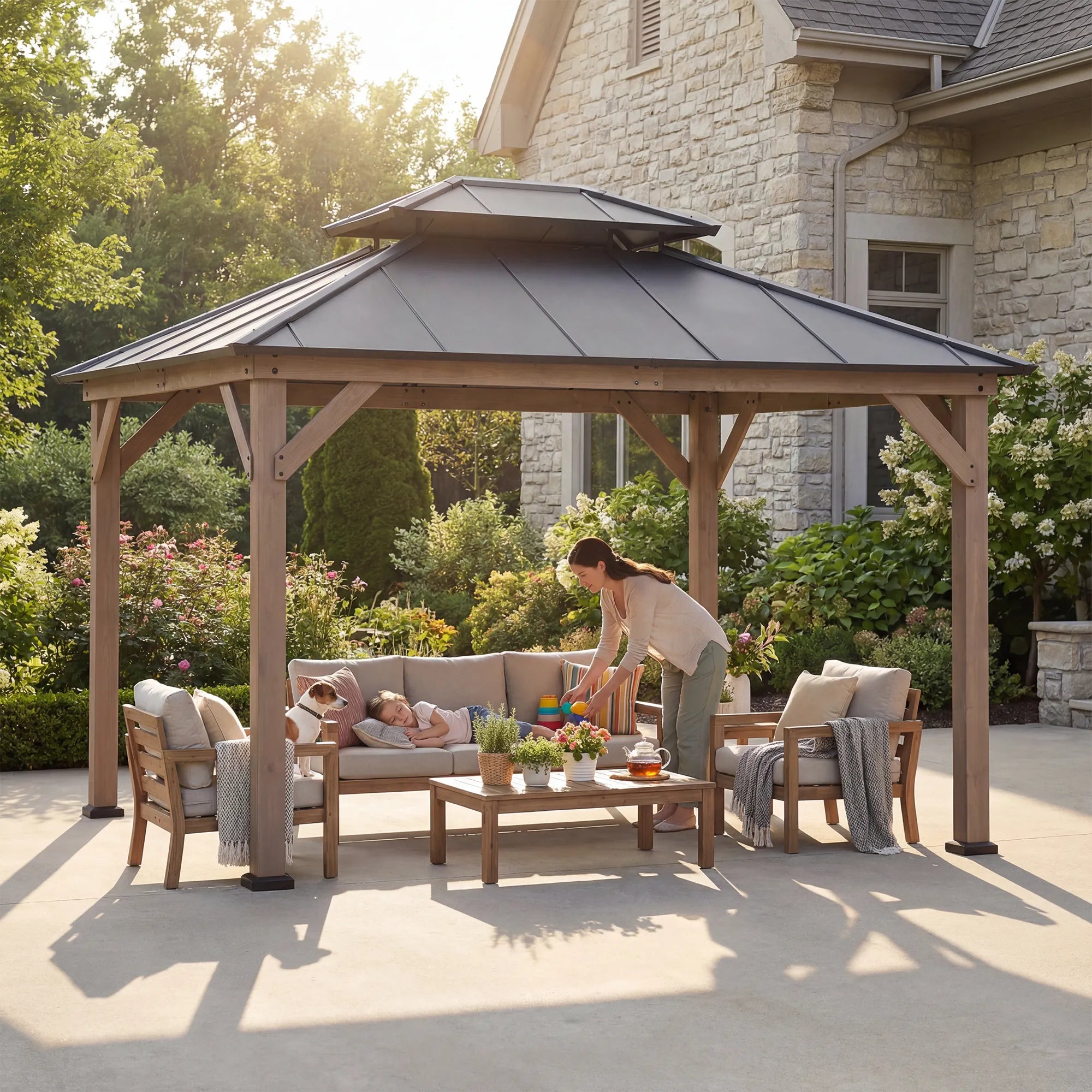 SUNJOY 10x12 Outdoor Cedar Framed Wooden Gazebo with 2-Tier Metal Roof and Ceiling Hook - Weathered Cedar