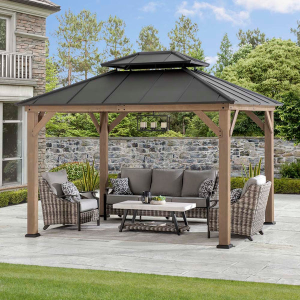 SUNJOY 10x12 ft. Wood Gazebo, Outdoor Patio Steel Hardtop Gazebo, Cedar Framed Wooden Gazebo with 2-tier Metal Roof and Ceiling Hook