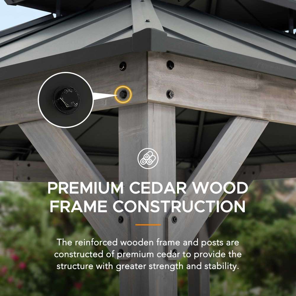 SUNJOY 10x12 ft. Wood Gazebo, Outdoor Patio Steel Hardtop Gazebo, Cedar Framed Wooden Gazebo with 2-tier Metal Roof and Ceiling Hook