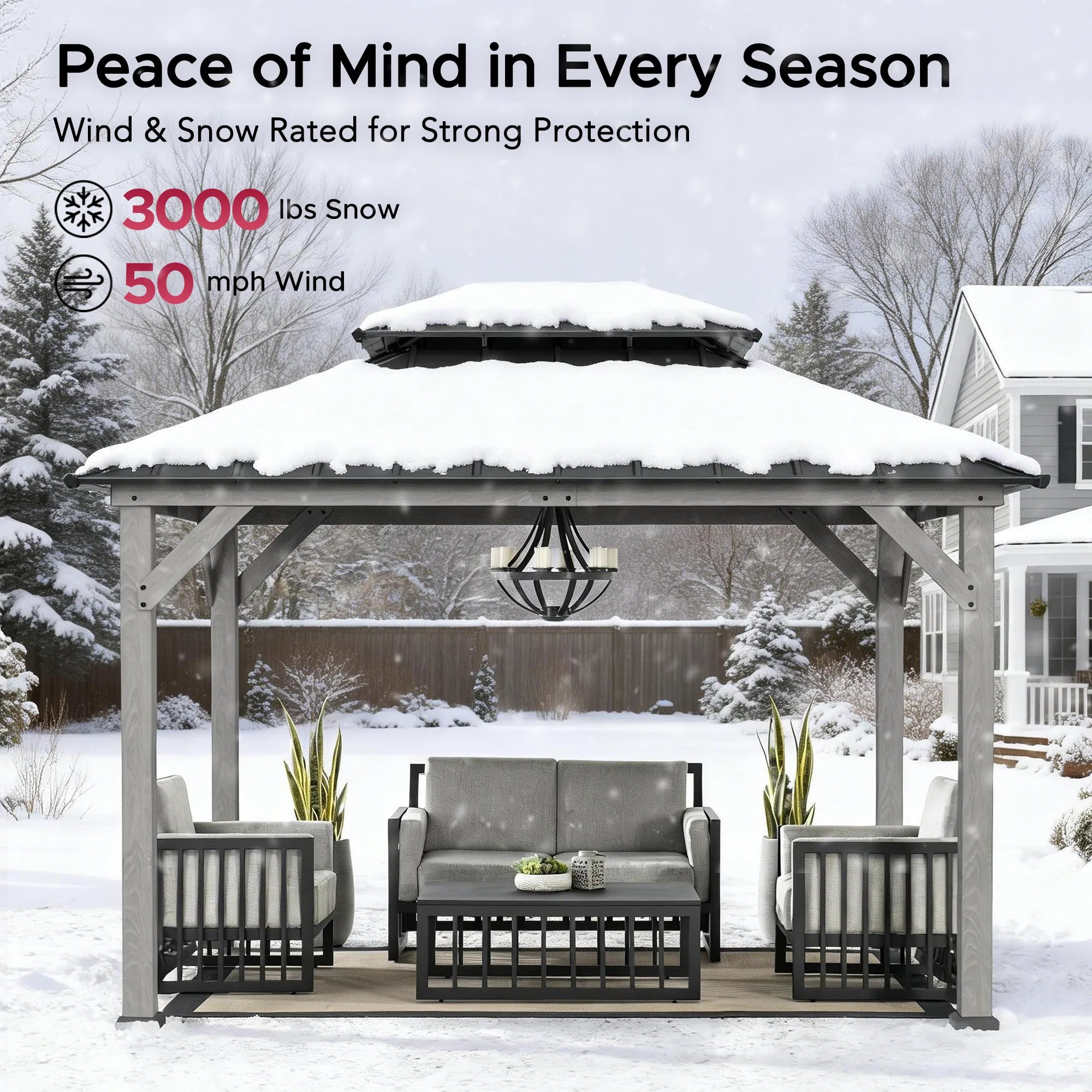 SUNJOY 10x12 Outdoor Cedar Framed Wooden Gazebo with 2-tier Metal Roof and Ceiling Hook - Driftwood Cedar