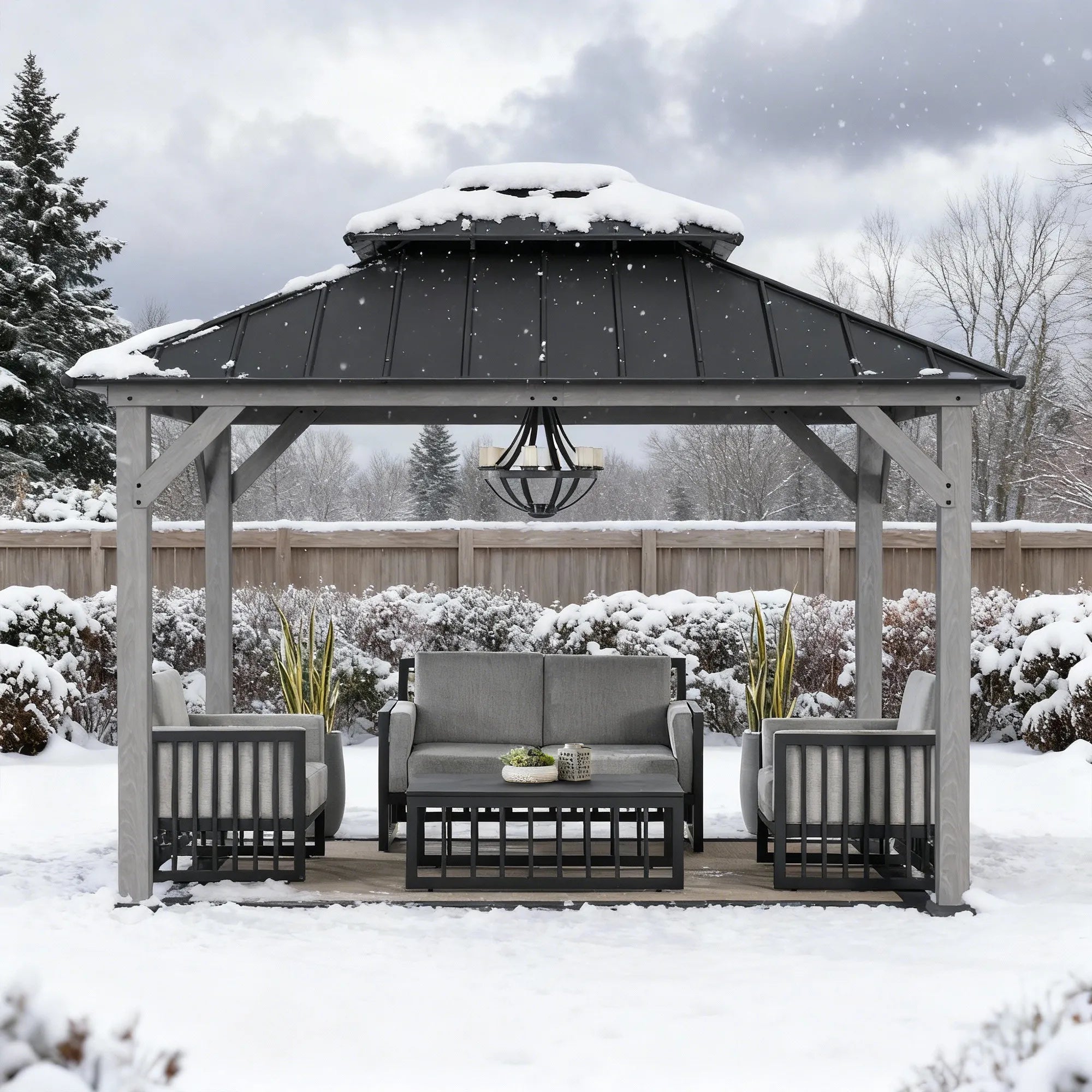 SUNJOY 10x12 Outdoor Cedar Framed Wooden Gazebo with 2-tier Metal Roof and Ceiling Hook - Driftwood Cedar