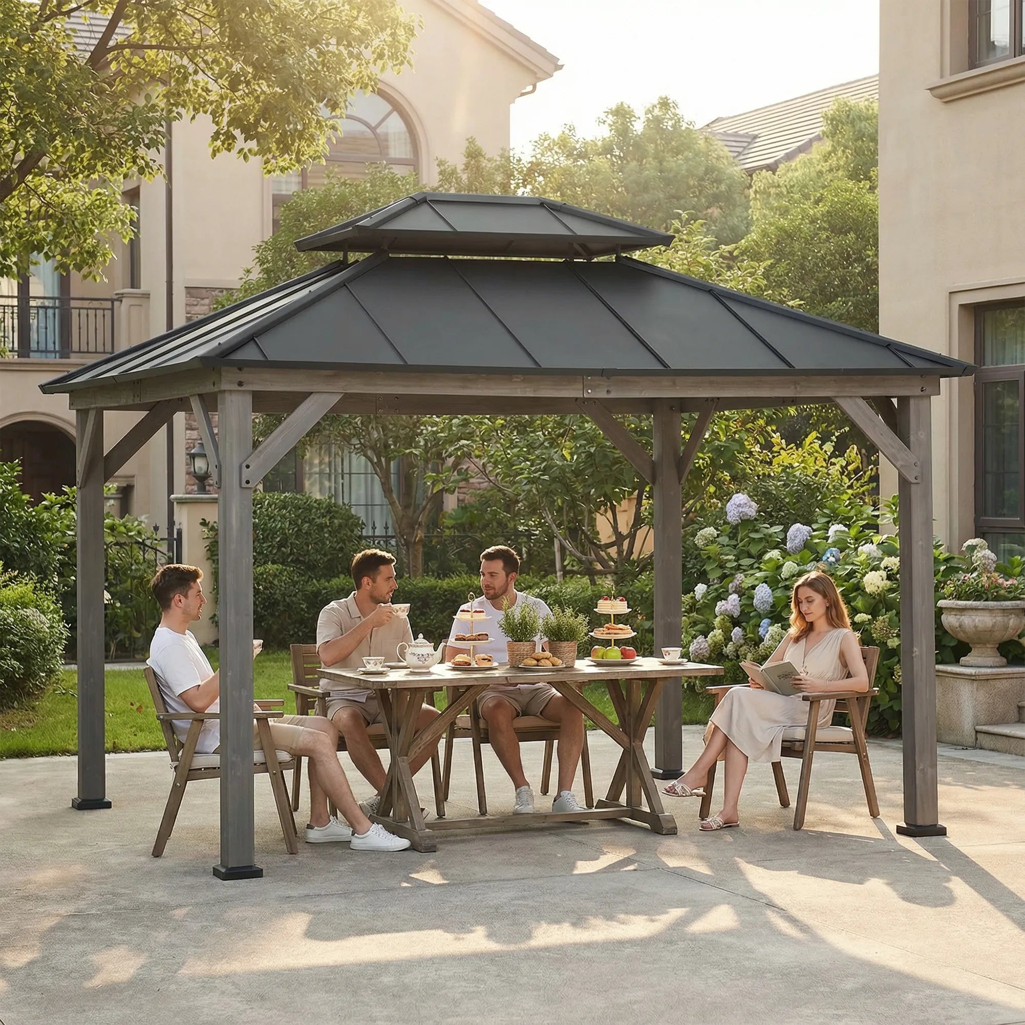 SUNJOY 10x12 Outdoor Cedar Framed Wooden Gazebo with 2-tier Metal Roof and Ceiling Hook - Driftwood Cedar