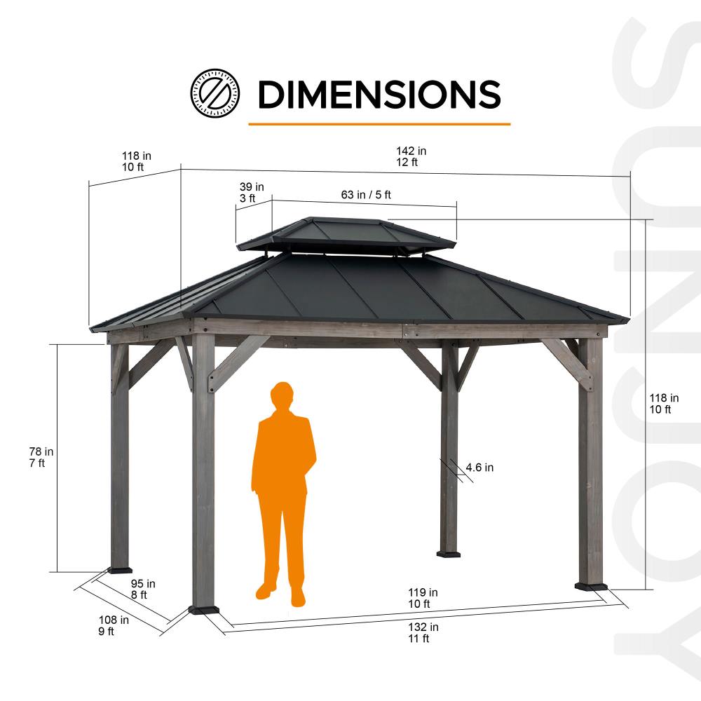 SUNJOY 10x12 ft. Wood Gazebo, Outdoor Patio Steel Hardtop Gazebo, Cedar Framed Wooden Gazebo with 2-tier Metal Roof and Ceiling Hook