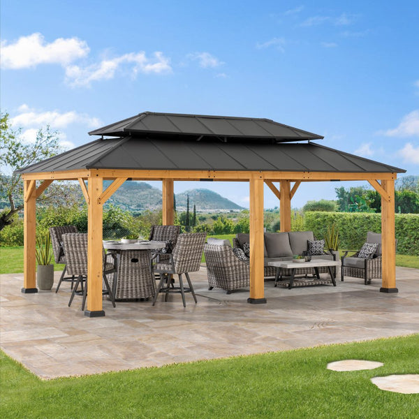 SUNJOY 12x20 Hardtop Gazebo Patio Wooden Frame Outdoor Gazebo, Rectangle Double Tiered Metal Hardtop Gazebo with Dual Rails and Ceiling Hook