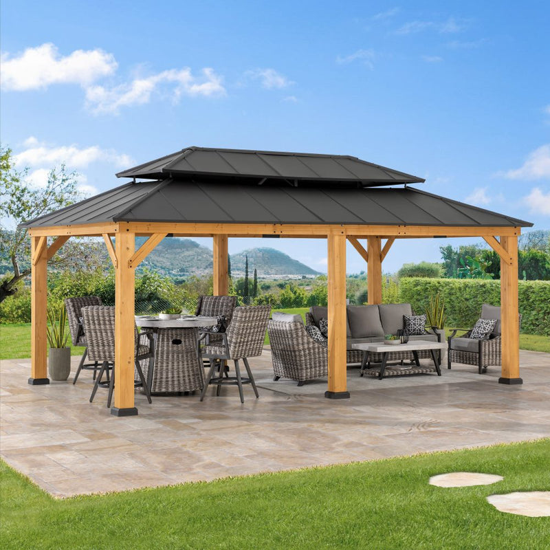 SUNJOY 12x20 Hardtop Gazebo Patio Wooden Frame Outdoor Gazebo, Rectangle Double Tiered Metal Hardtop Gazebo with Dual Rails and Ceiling Hook