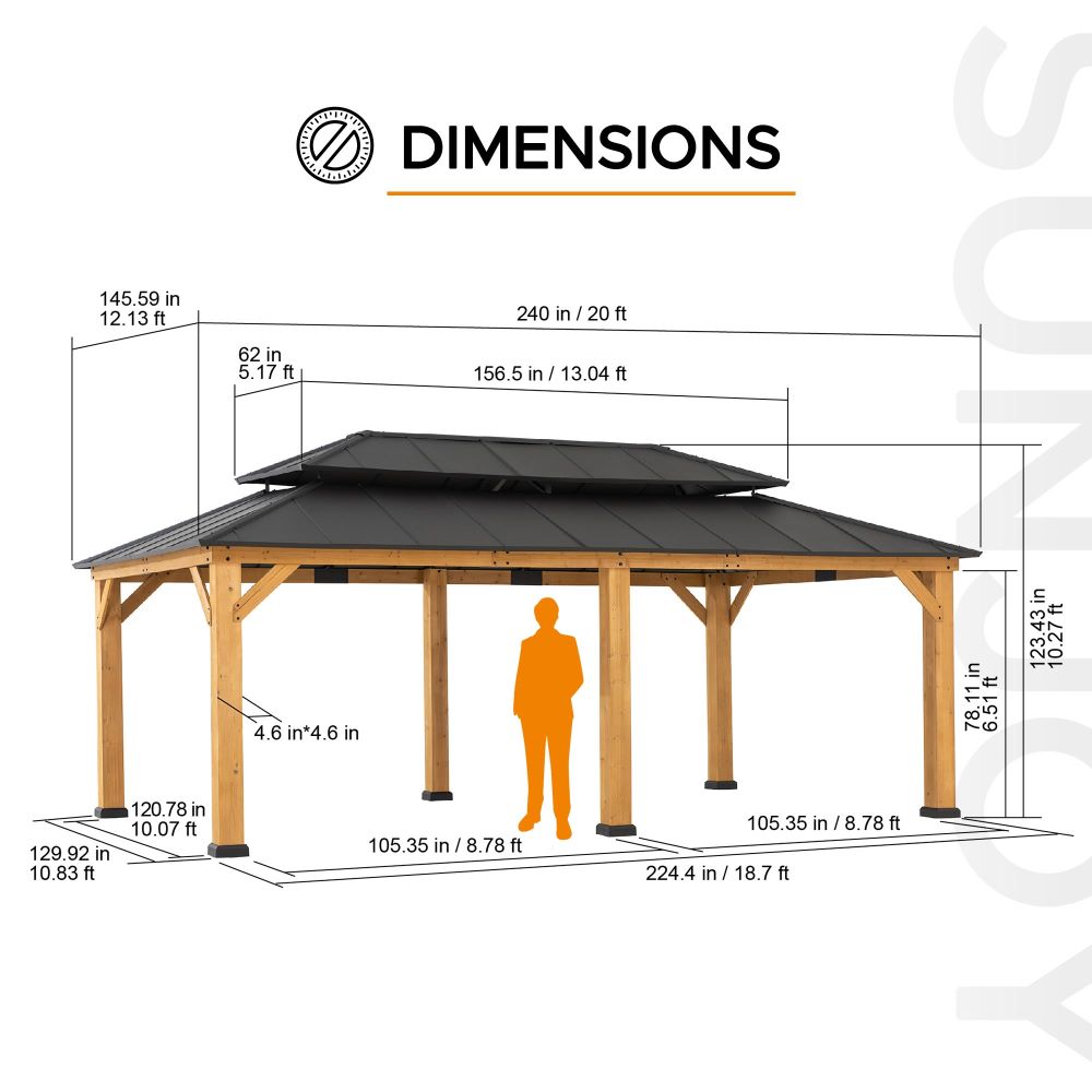 SUNJOY 12x20 Hardtop Gazebo Patio Wooden Frame Outdoor Gazebo, Rectangle Double Tiered Metal Hardtop Gazebo with Dual Rails and Ceiling Hook