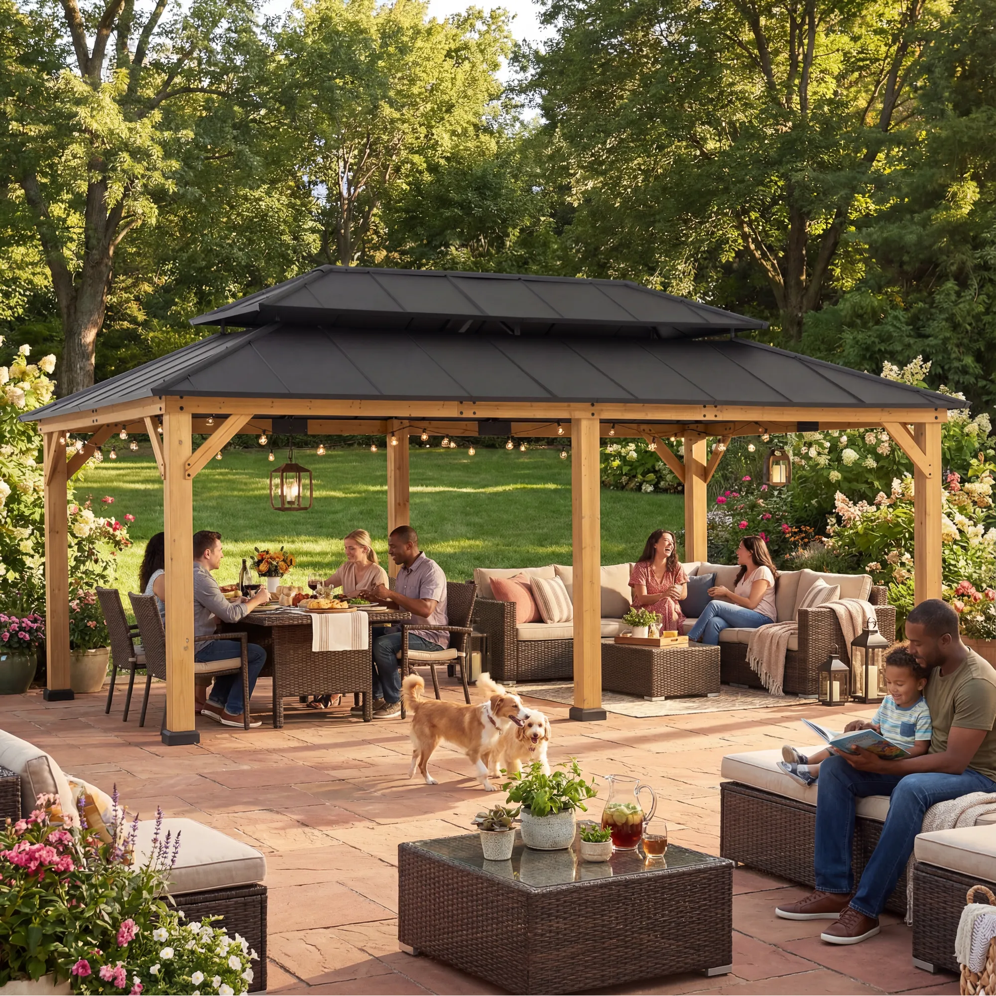 SUNJOY 12x20 Wooden Frame Hardtop Gazebo with Rectangle Double Tier and Ceiling Hook - Standard Natural Cedar