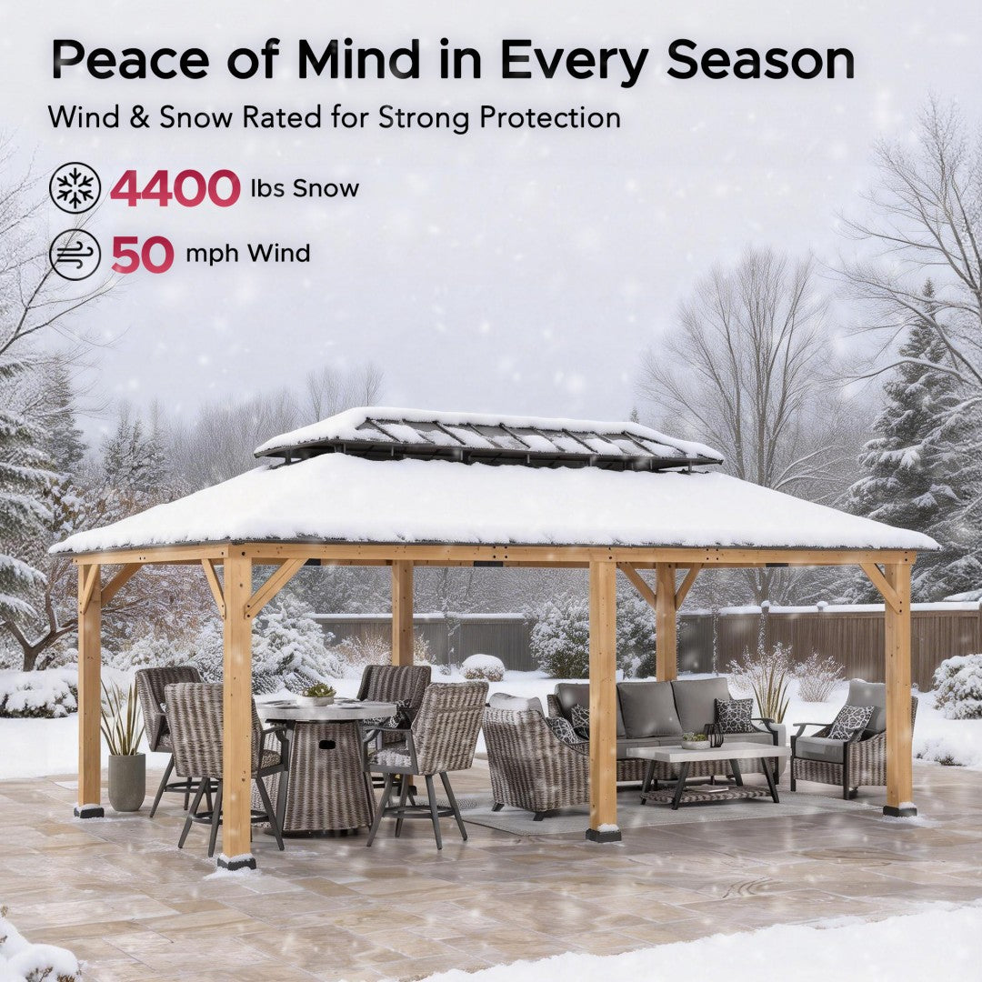 SUNJOY 12x20 Wooden Frame Hardtop Gazebo with Rectangle Double Tier and Ceiling Hook - Standard Natural Cedar