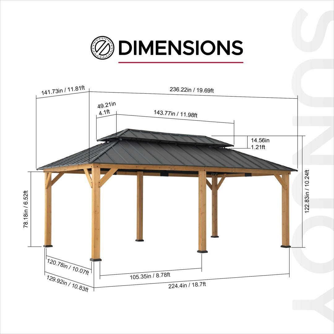 SUNJOY 12x20 Wooden Frame Hardtop Gazebo with Rectangle Double Tier and Ceiling Hook - Standard Natural Cedar
