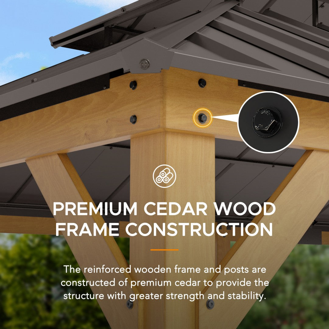SUNJOY 12x20 Wooden Frame Hardtop Gazebo with Rectangle Double Tier and Ceiling Hook - Standard Natural Cedar