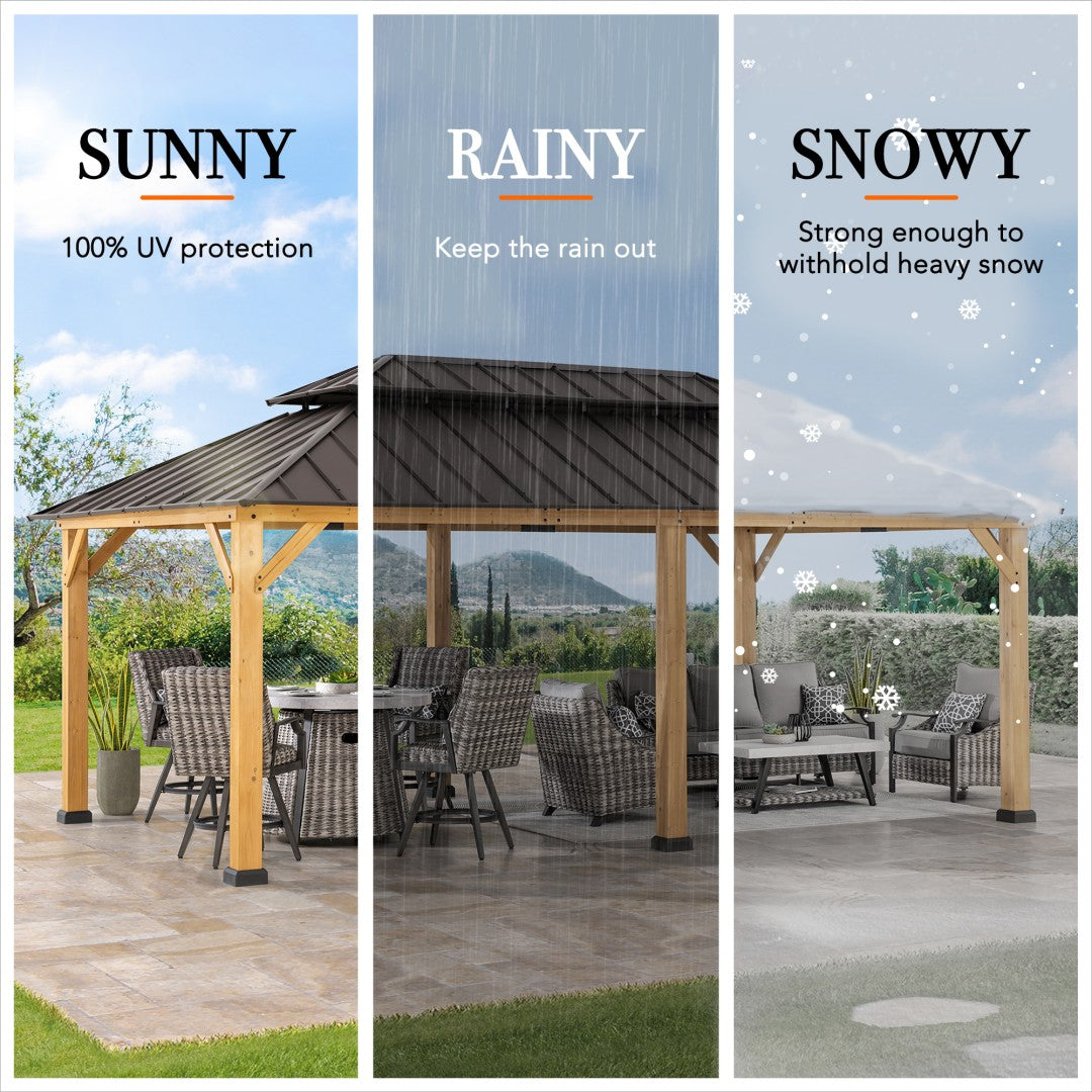 SUNJOY 12x20 Wooden Frame Hardtop Gazebo with Rectangle Double Tier and Ceiling Hook - Standard Natural Cedar