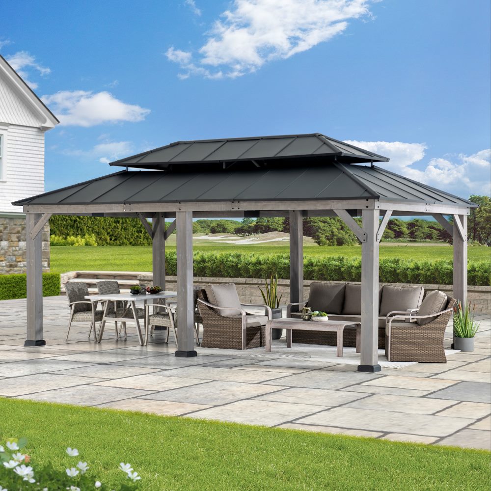 SUNJOY 12x20 Hardtop Gazebo Patio Wooden Frame Outdoor Gazebo, Rectangle Double Tiered Metal Hardtop Gazebo with Dual Rails and Ceiling Hook