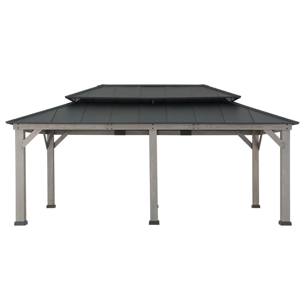 SUNJOY 12x20 Hardtop Gazebo Patio Wooden Frame Outdoor Gazebo, Rectangle Double Tiered Metal Hardtop Gazebo with Dual Rails and Ceiling Hook
