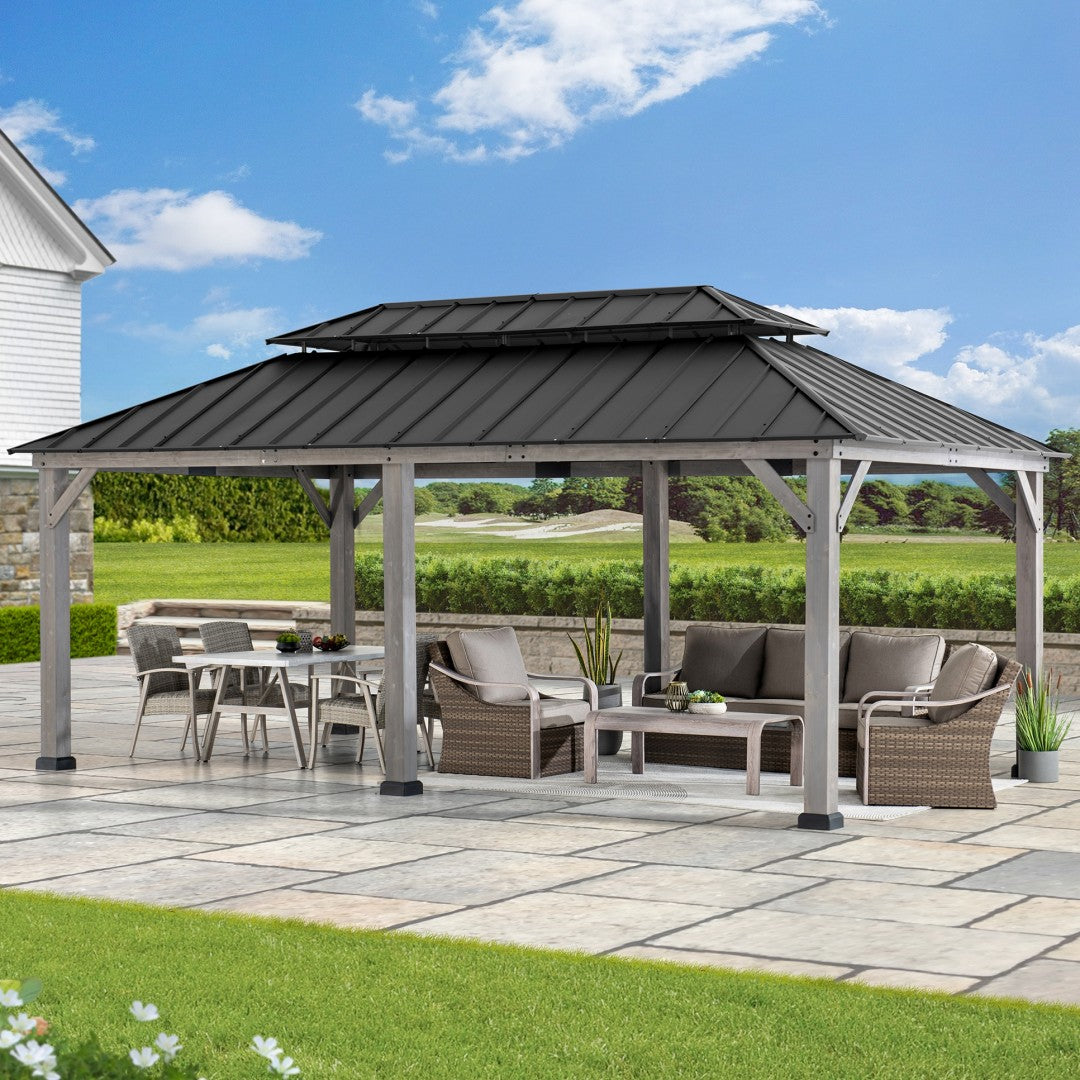 SUNJOY 12x20 Wooden Frame Hardtop Gazebo with Rectangle Double Tier and Ceiling Hook - Standard Driftwood Cedar