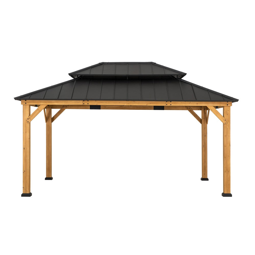 SUNJOY 12x16 ft. Wood Gazebo, Outdoor Patio Steel Hardtop Gazebo, Cedar Framed Wooden Gazebo with 2-tier Metal Roof and Ceiling Hook