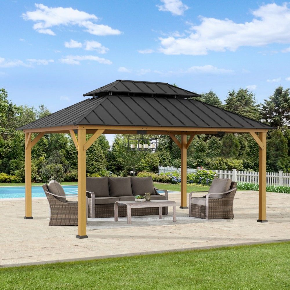 SUNJOY 12x16 ft. Wood Gazebo, Outdoor Patio Steel Hardtop Gazebo, Cedar Framed Wooden Gazebo with 2-tier Metal Roof and Ceiling Hook