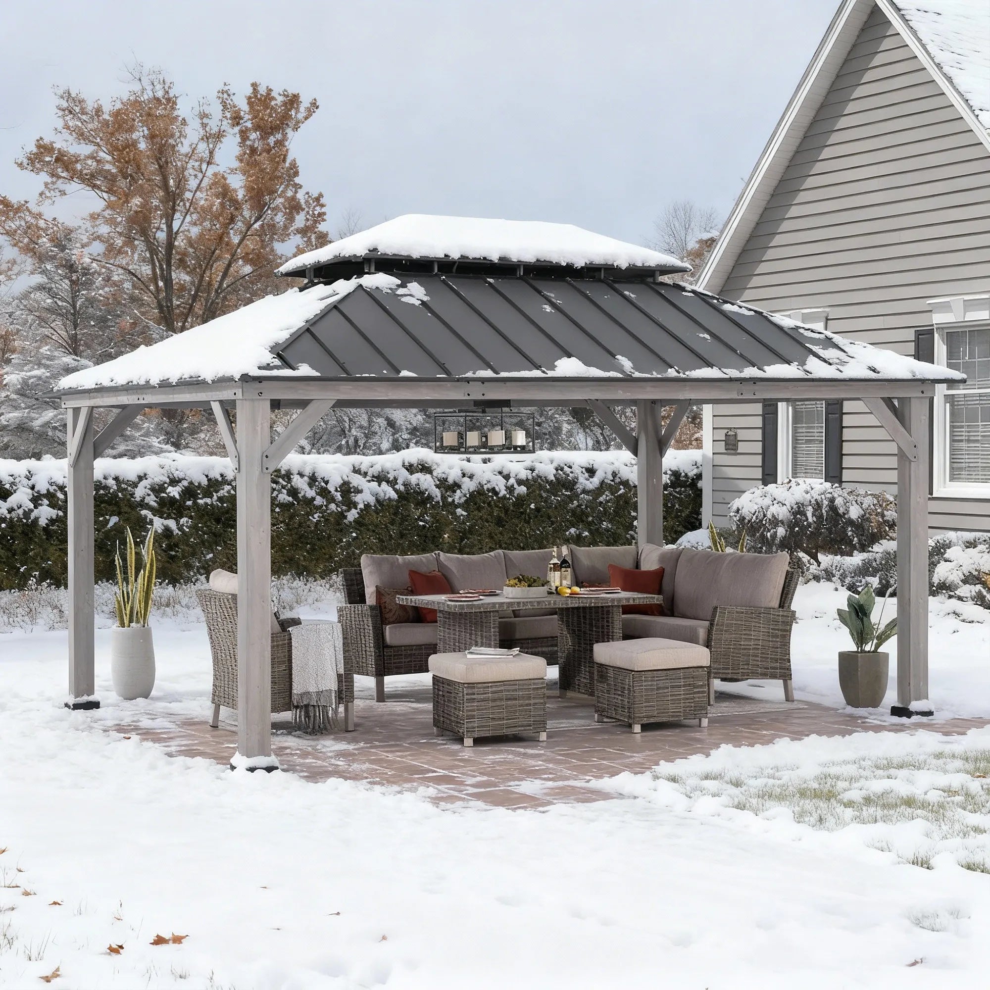 SUNJOY 12x16 Outdoor Cedar Framed Gazebo with 2-tier Metal Roof and Ceiling Hook - Standard Driftwood Cedar