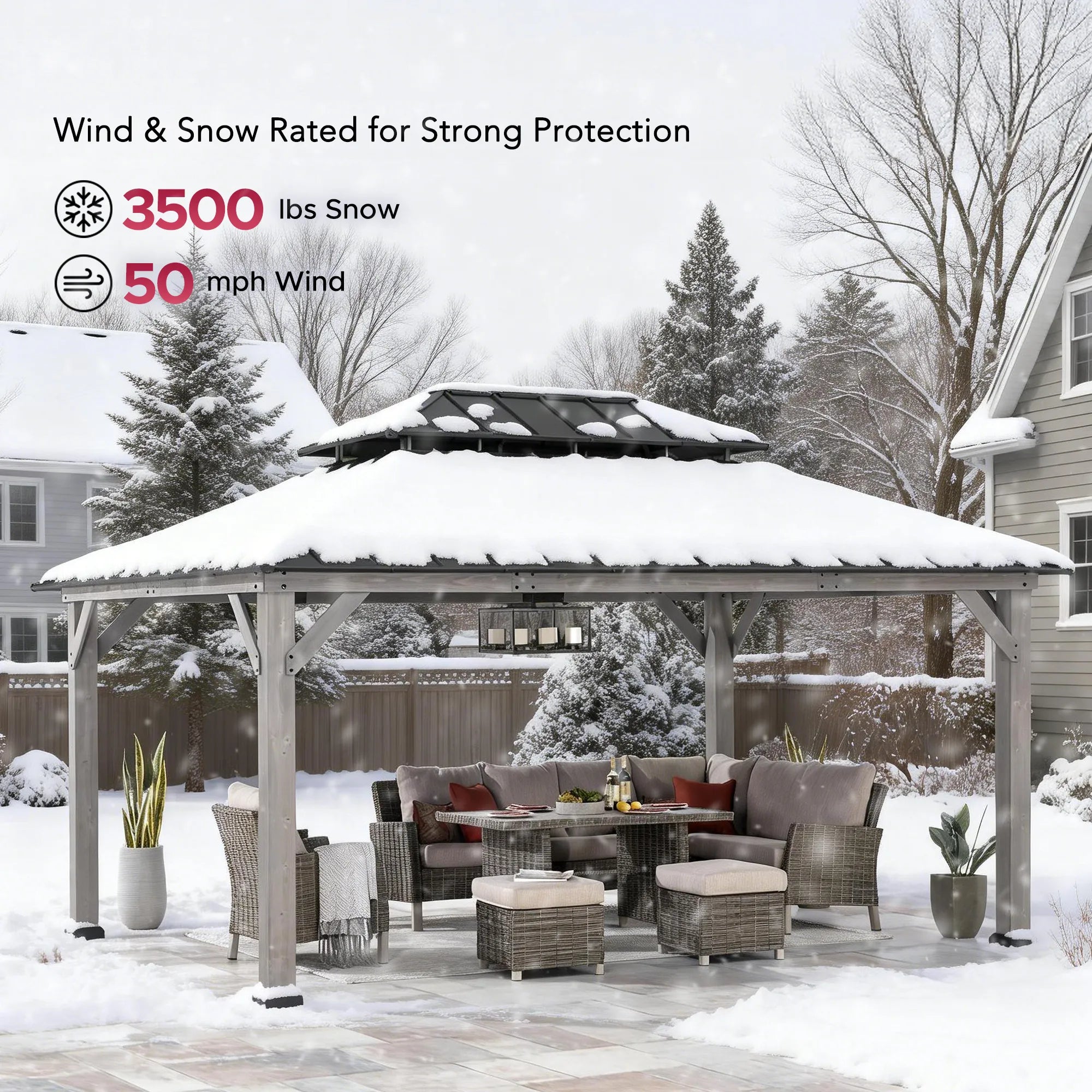 SUNJOY 12x16 Outdoor Cedar Framed Gazebo with 2-tier Metal Roof and Ceiling Hook - Standard Driftwood Cedar