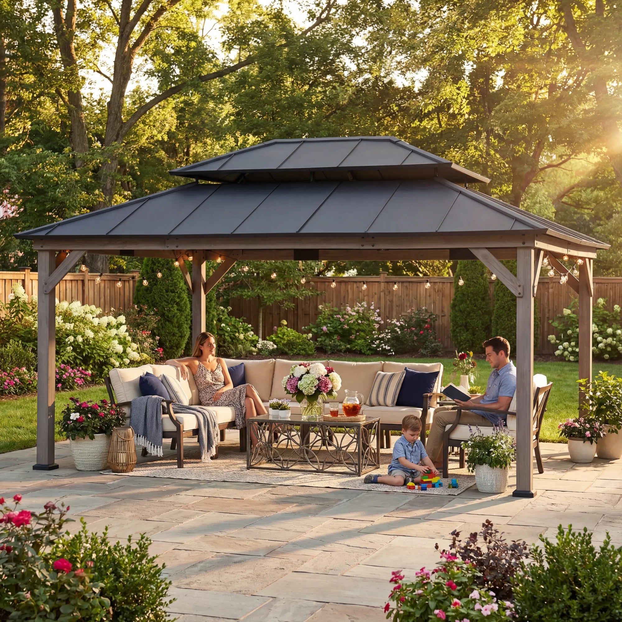 SUNJOY 12x16 Outdoor Cedar Framed Gazebo with 2-tier Metal Roof and Ceiling Hook - Standard Driftwood Cedar