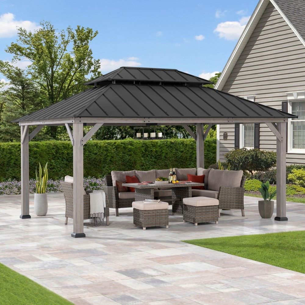 SUNJOY 12x16 ft. Wood Gazebo, Outdoor Patio Steel Hardtop Gazebo, Cedar Framed Wooden Gazebo with 2-tier Metal Roof and Ceiling Hook