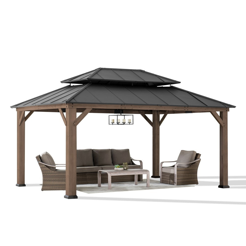 SUNJOY 12x16 ft. Wood Gazebo, Outdoor Patio Steel Hardtop Gazebo, Cedar Framed Wooden Gazebo with 2-tier Metal Roof and Ceiling Hook