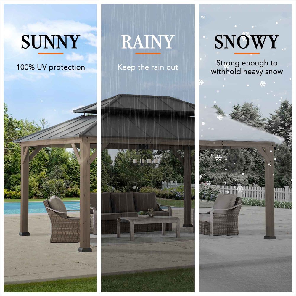 SUNJOY 12x16 ft. Wood Gazebo, Outdoor Patio Steel Hardtop Gazebo, Cedar Framed Wooden Gazebo with 2-tier Metal Roof and Ceiling Hook