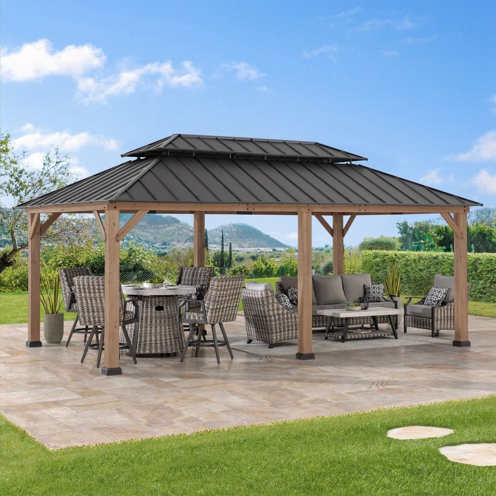 SUNJOY 12x20 Wooden Frame Hardtop Gazebo with Rectangle Double Tier and Ceiling Hook - Weathered Cedar