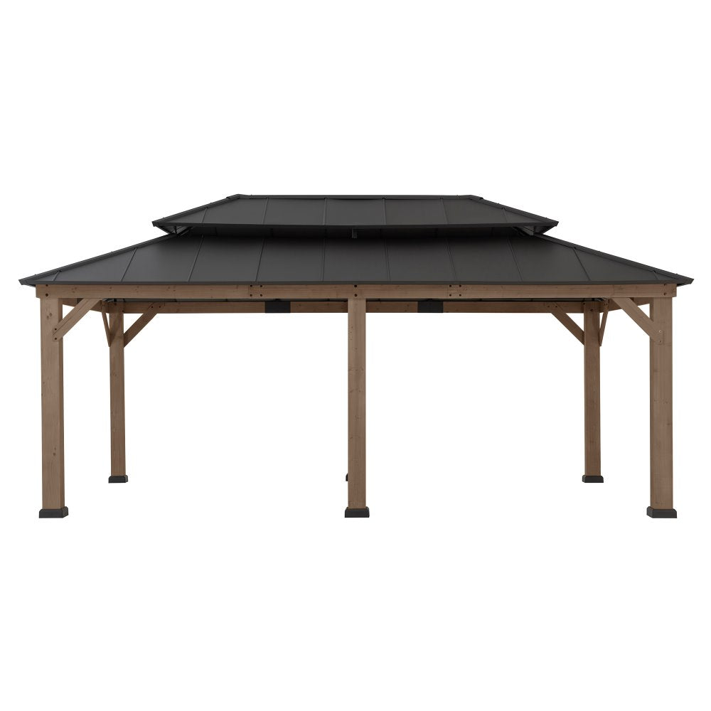 SUNJOY 12x20 Hardtop Gazebo Patio Wooden Frame Outdoor Gazebo, Rectangle Double Tiered Metal Hardtop Gazebo with Dual Rails and Ceiling Hook