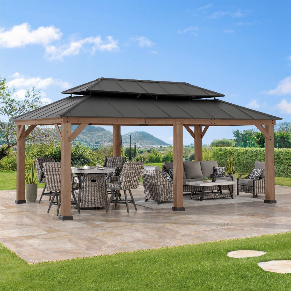 SUNJOY 12x20 Hardtop Gazebo Patio Wooden Frame Outdoor Gazebo, Rectangle Double Tiered Metal Hardtop Gazebo with Dual Rails and Ceiling Hook