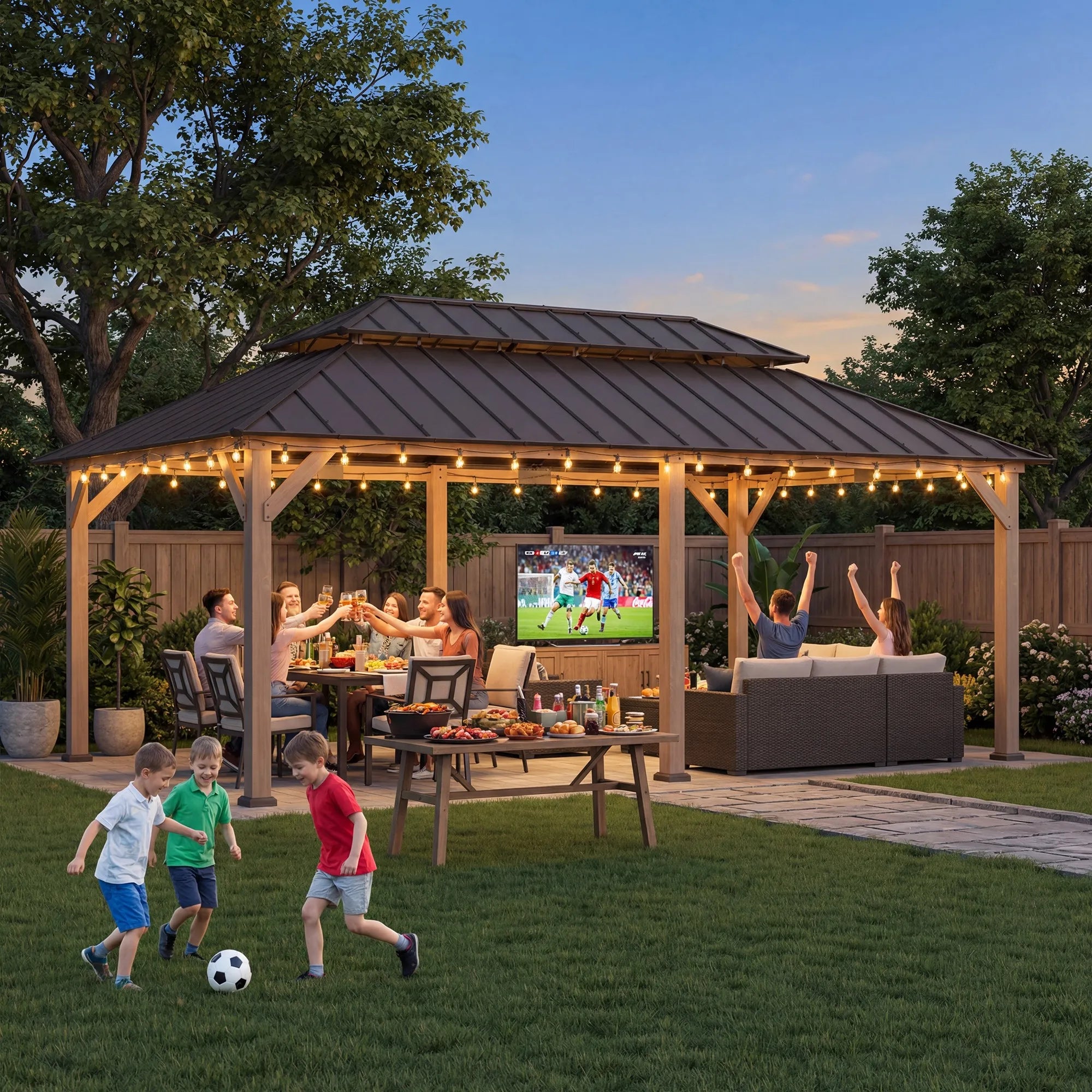 SUNJOY 12x20 Wooden Frame Hardtop Gazebo with Rectangle Double Tier and Ceiling Hook - Weathered Cedar