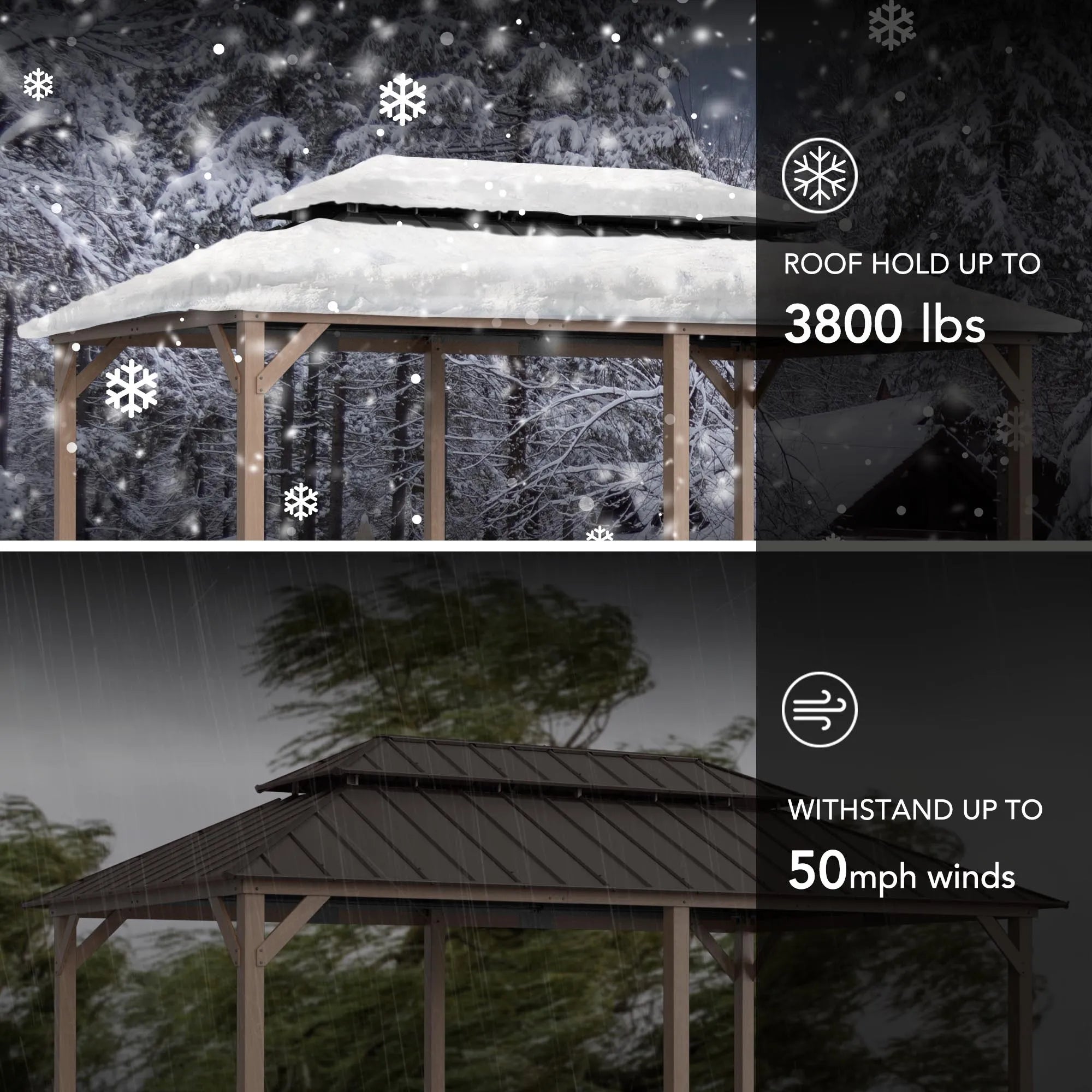 SUNJOY 12x20 Wooden Frame Hardtop Gazebo with Rectangle Double Tier and Ceiling Hook - Weathered Cedar