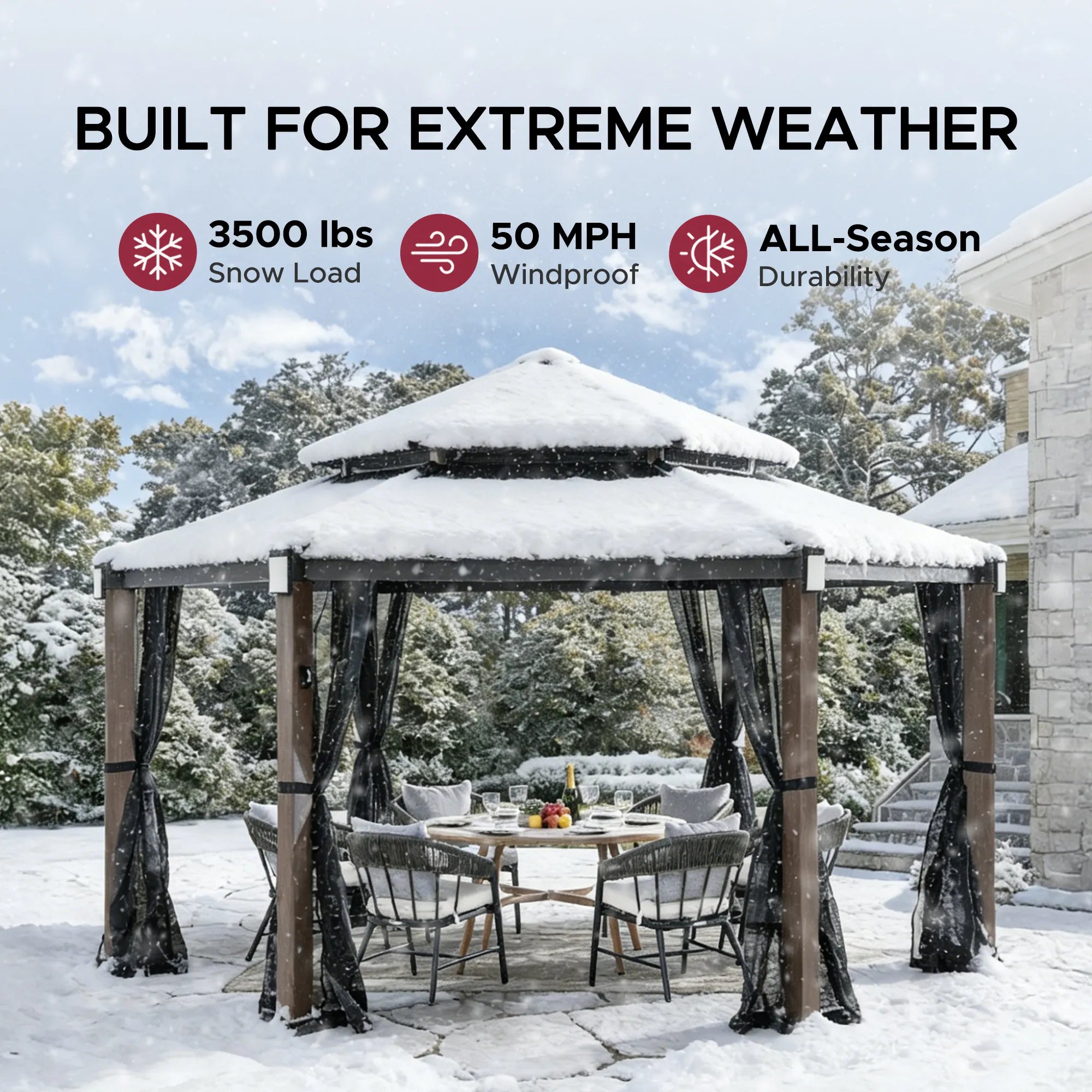 SUNJOY 15x15 Hexagon Hardtop Gazebo with 6 Solar Lights - Woodgrain Aluminum Posts