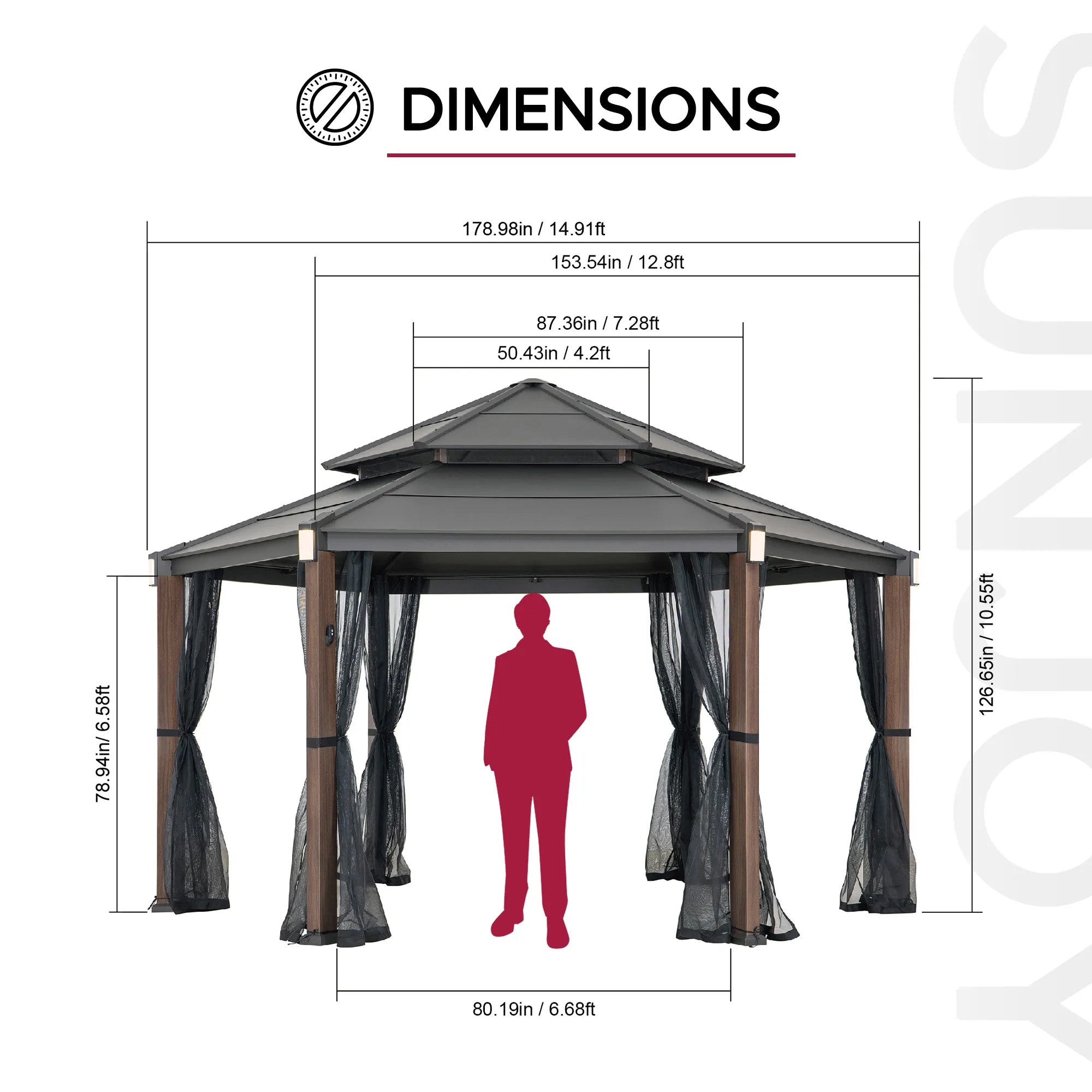 SUNJOY 13x15 Hexagon Steel Roof Hardtop Gazebo with 6 Solar Lights and Woodgrain Aluminum Posts 