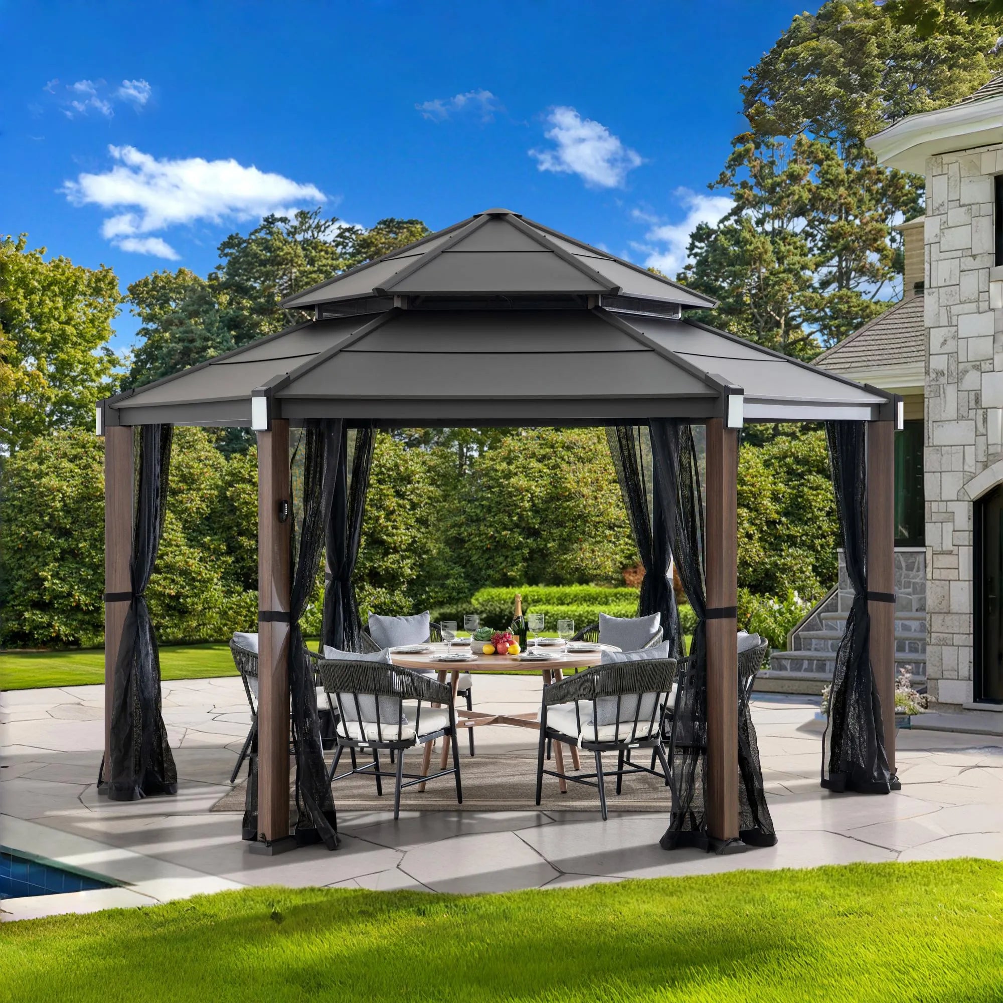 SUNJOY 13x15 Hexagon Steel Roof Hardtop Gazebo with 6 Solar Lights and Woodgrain Aluminum Posts