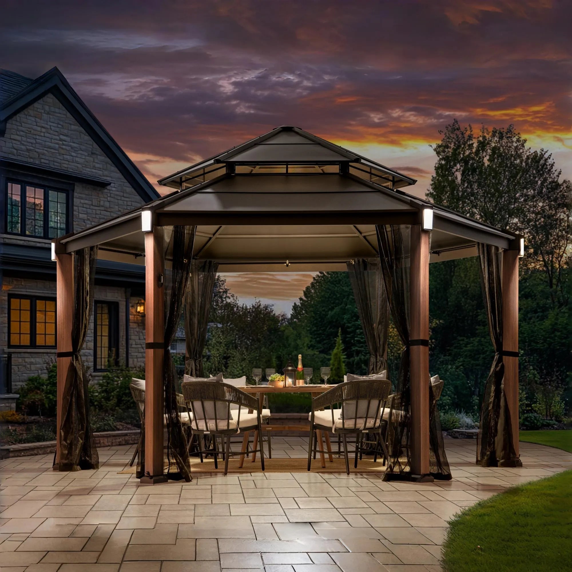 SUNJOY 13x15 Hexagon Steel Roof Hardtop Gazebo with 6 Solar Lights and Woodgrain Aluminum Posts