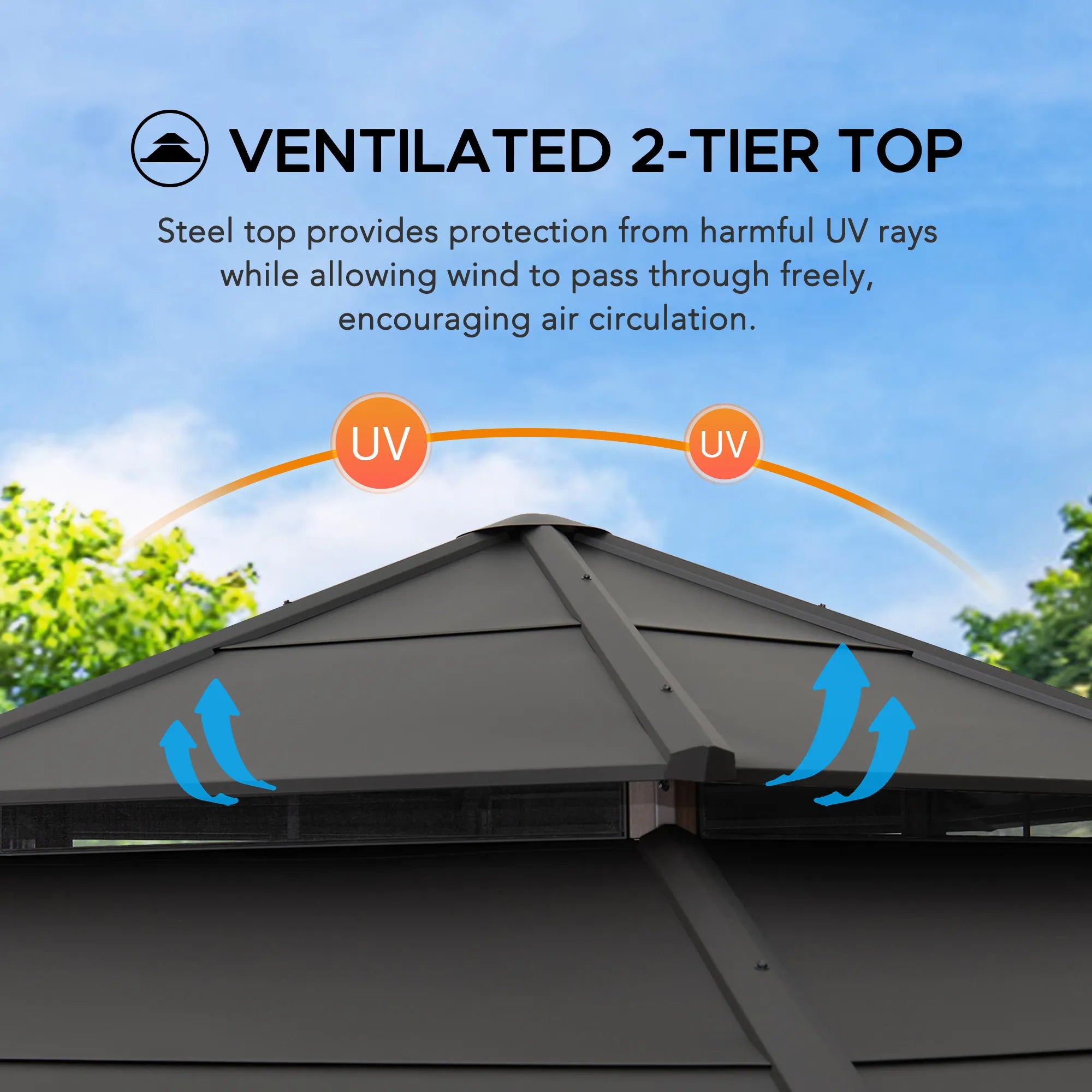 SUNJOY 13x15 Hexagon Steel Roof Hardtop Gazebo with 6 Solar Lights and Woodgrain Aluminum Posts 