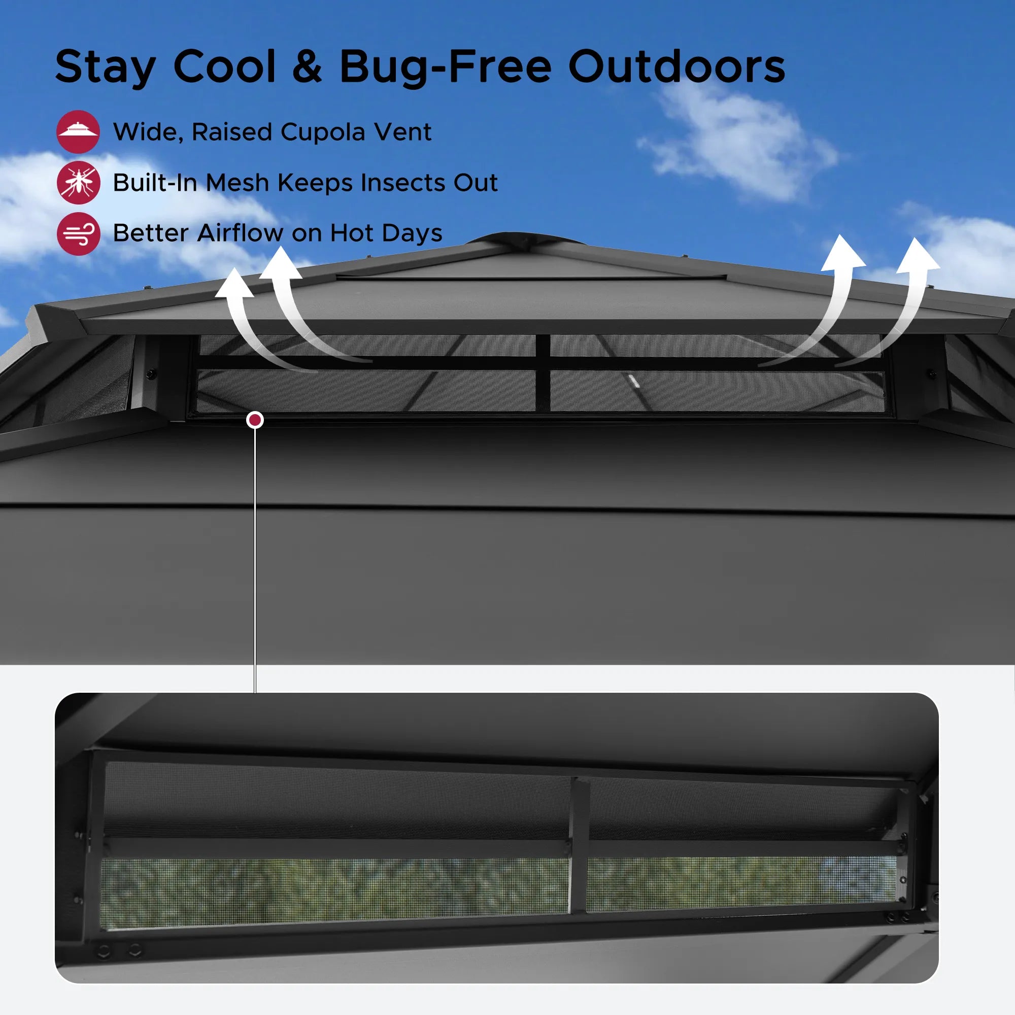 SUNJOY 13x15 Hexagon Steel Roof Hardtop Gazebo with 6 Solar Lights and Woodgrain Aluminum Posts 